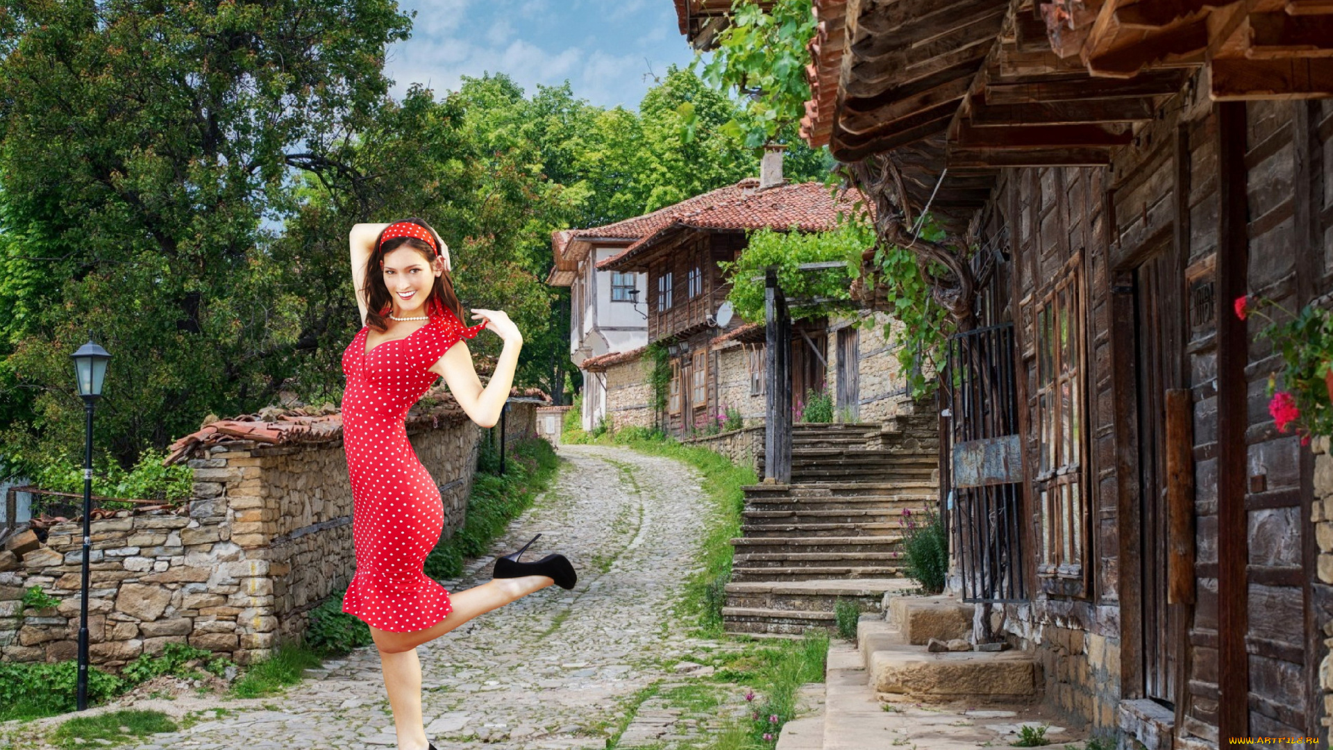 девушки, -, брюнетки, , шатенки, улица, фонарь, брюнетка, платье, улыбка, поза