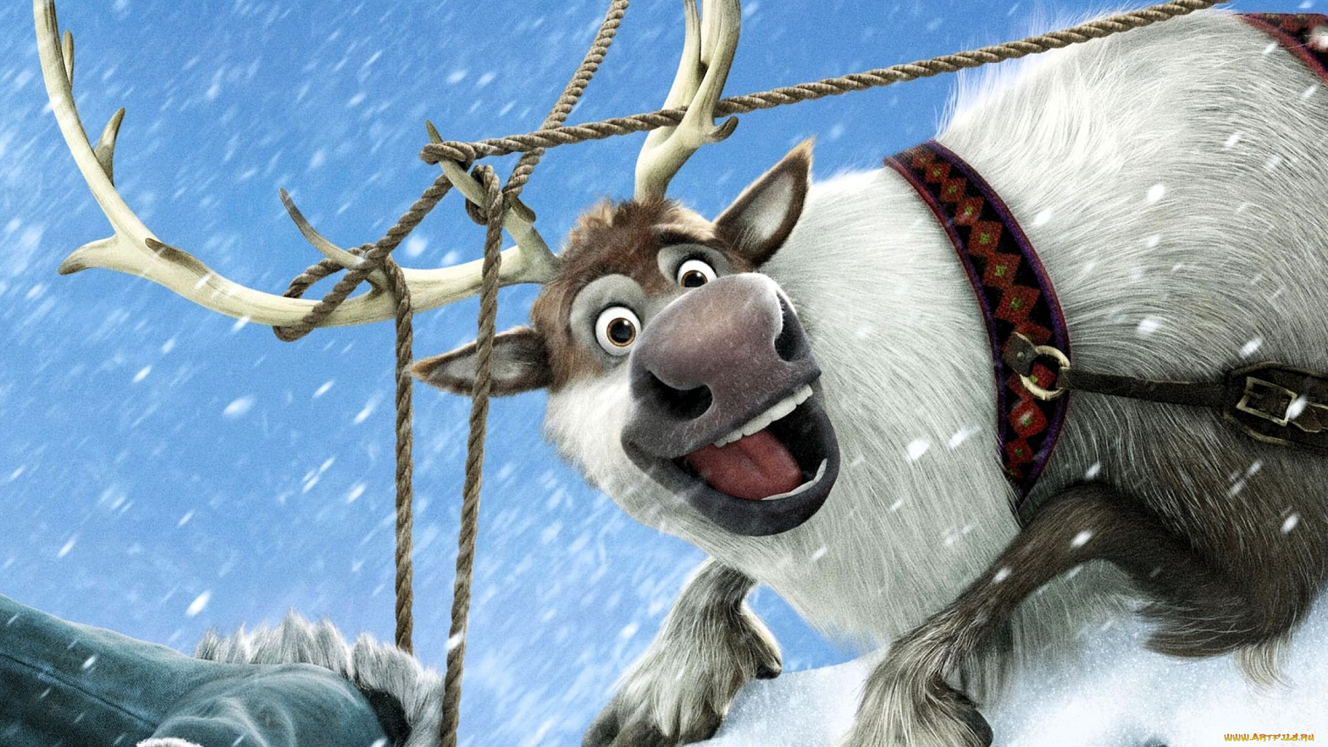 мультфильмы, frozen, олень, снег, упряжь, веревки