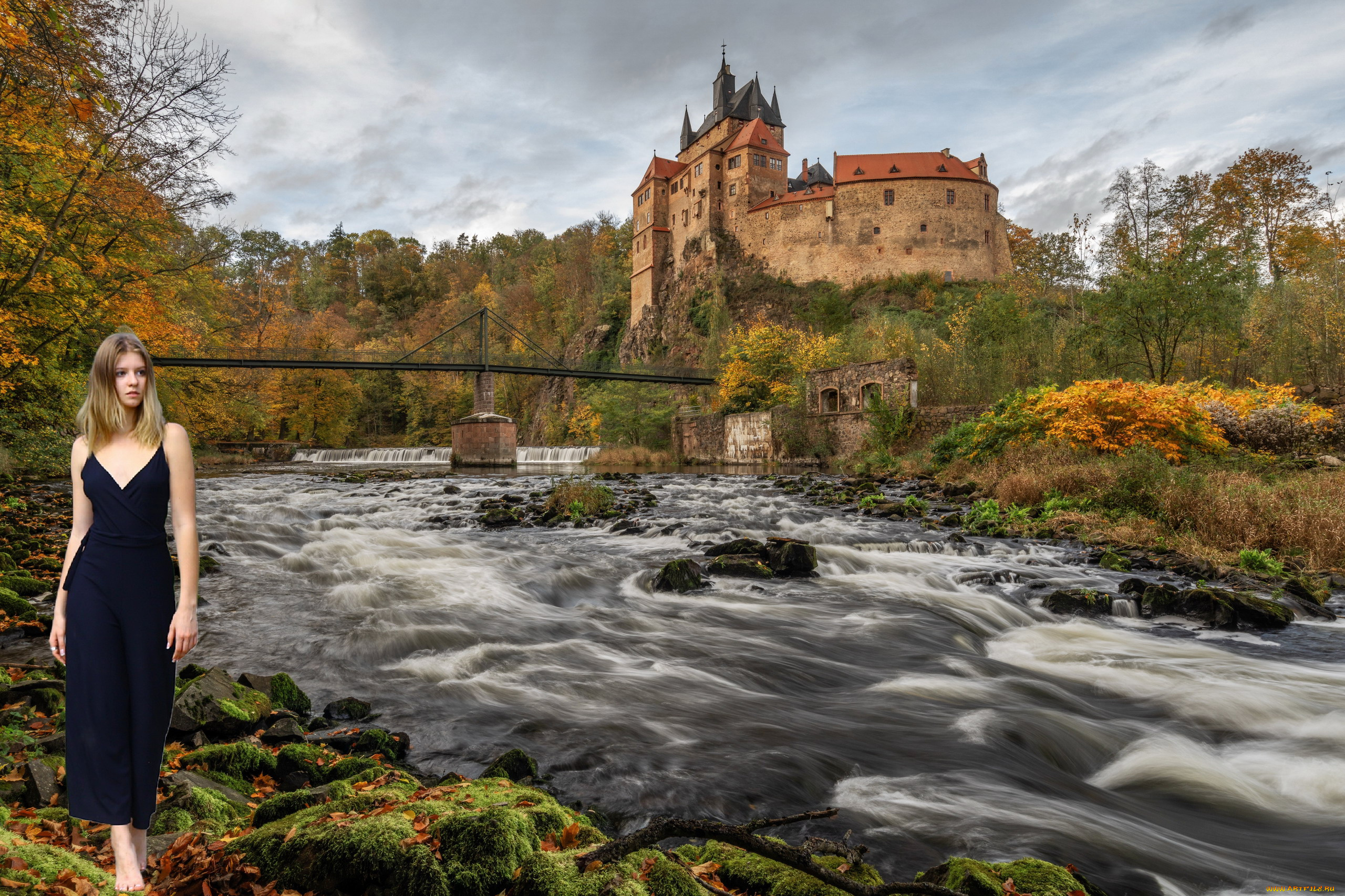 девушки, -, блондинки, , светловолосые, блондинка, замок, мост, река
