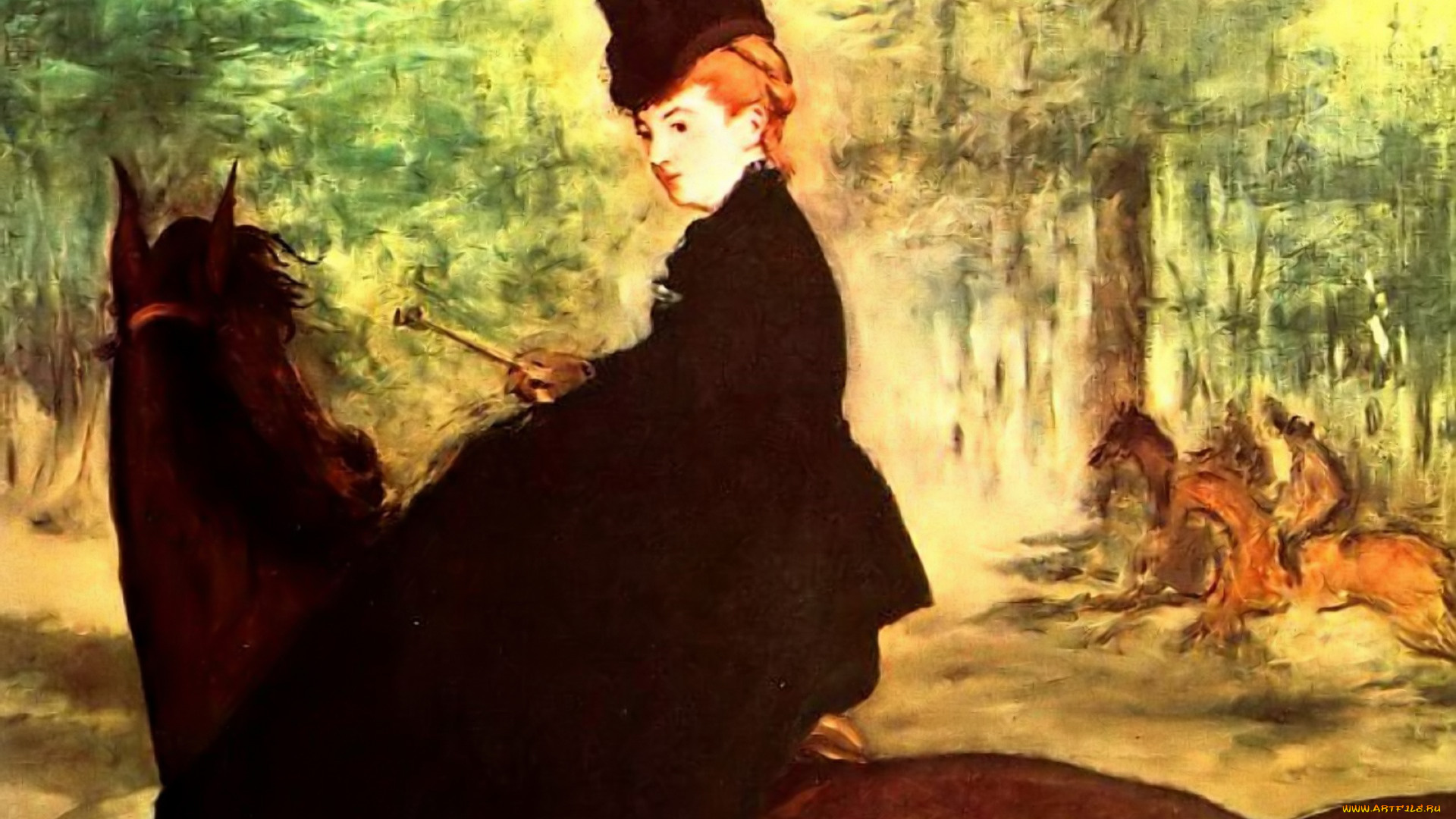 рисованное, edouard, manet, женщина, всадника, лошади, лес