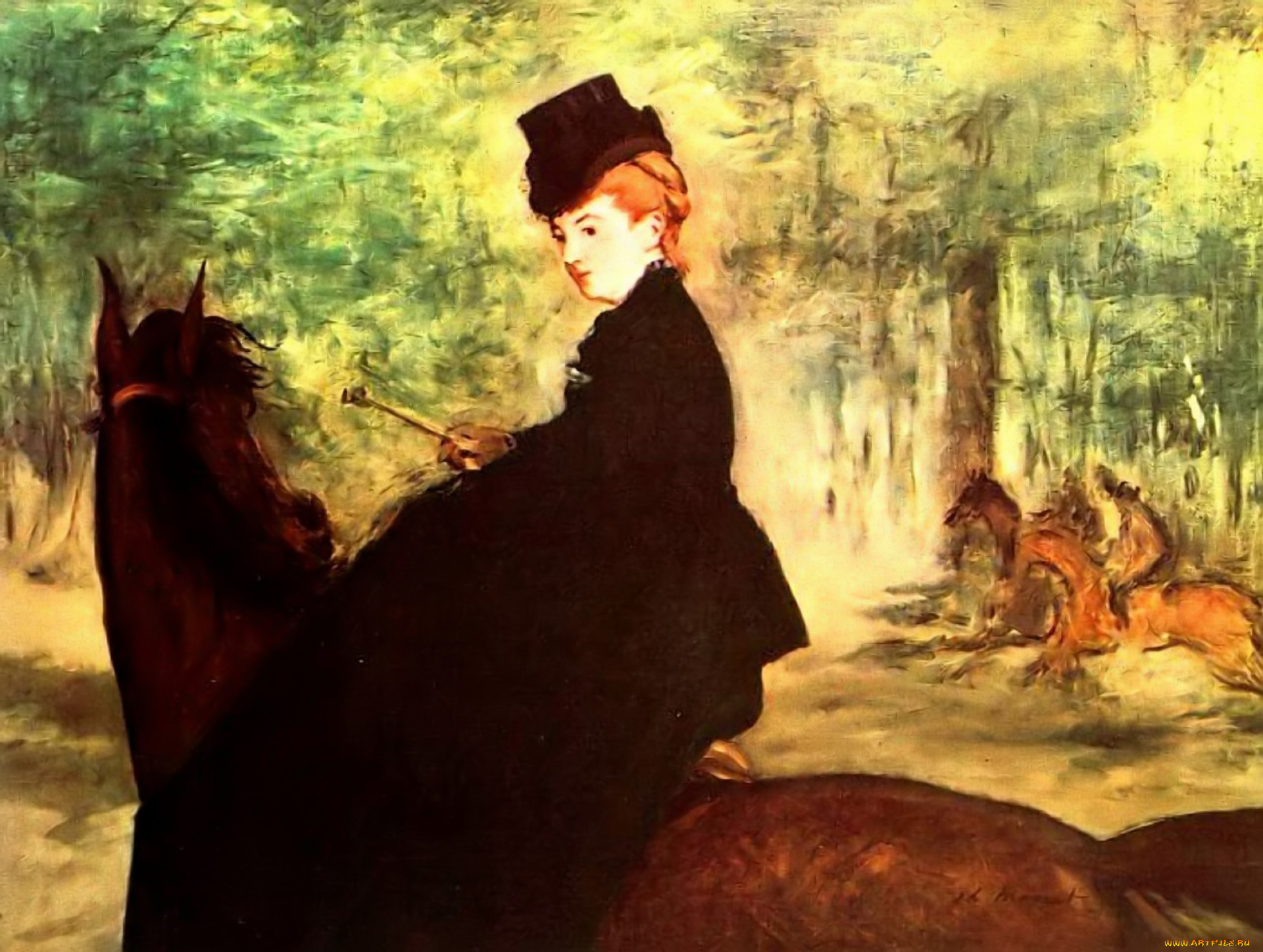 рисованное, edouard, manet, женщина, всадника, лошади, лес