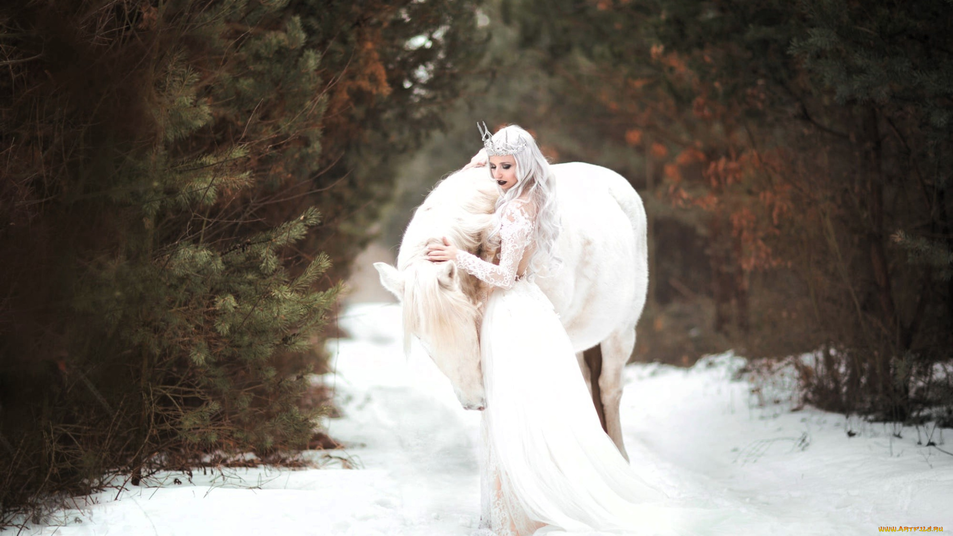 девушки, -, блондинки, , светловолосые, блондинка, платье, лошадь, деревья, лес, дорога, снег