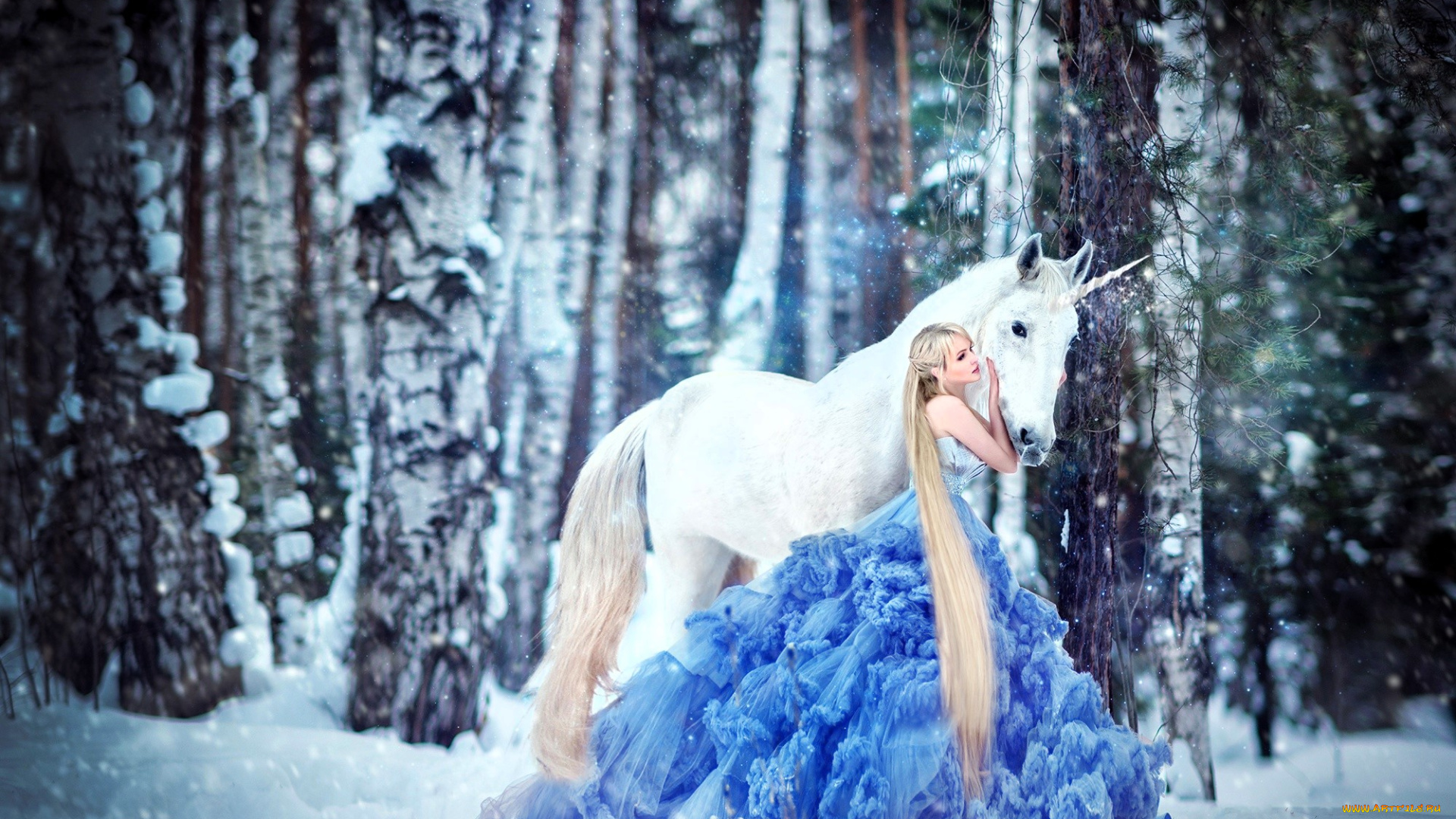 девушки, -, креатив, , косплей, блондинка, платье, единорог, лес, снег, зима