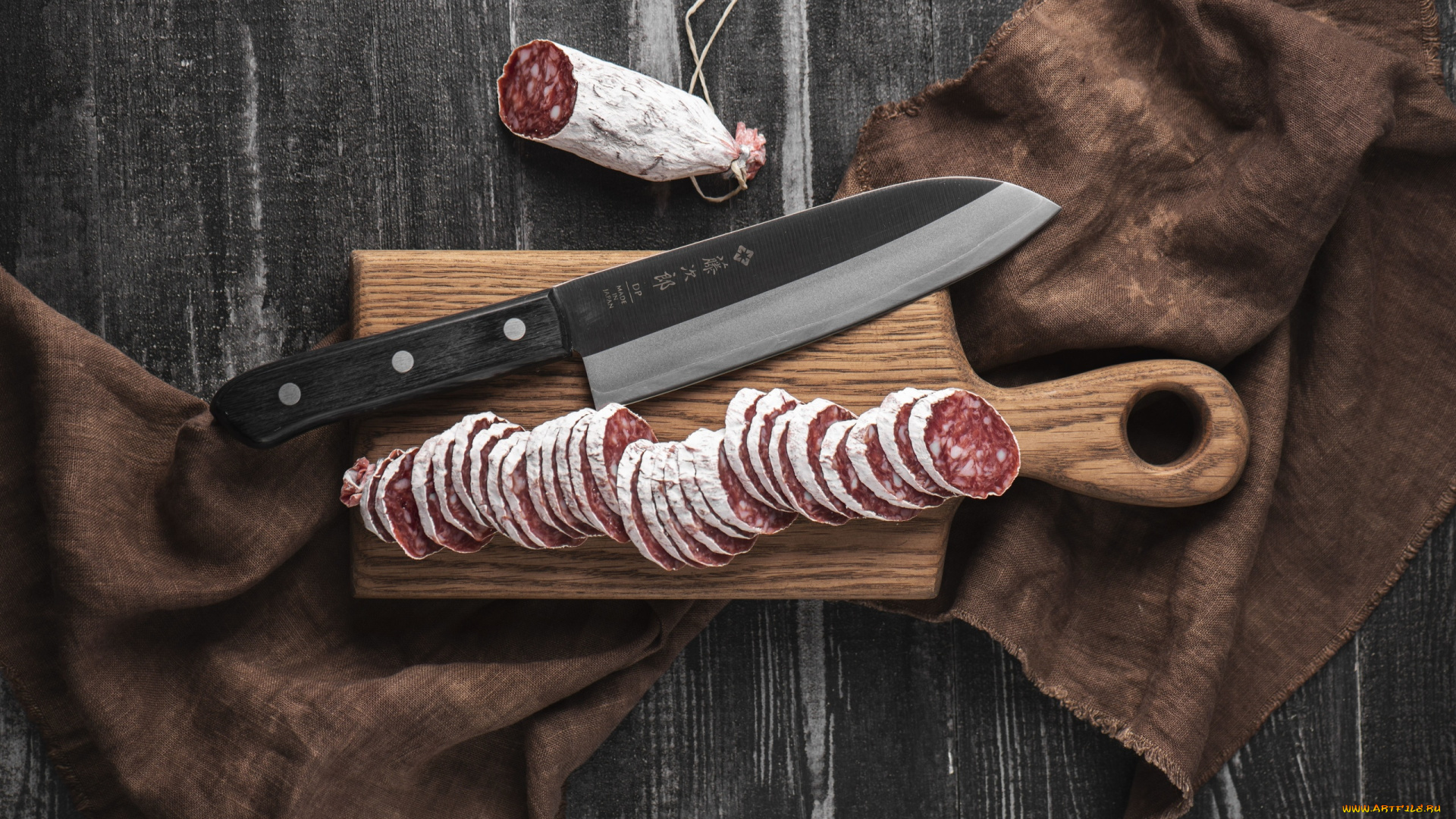 еда, колбасные, изделия, нож, колбаса, копченая, нарезка