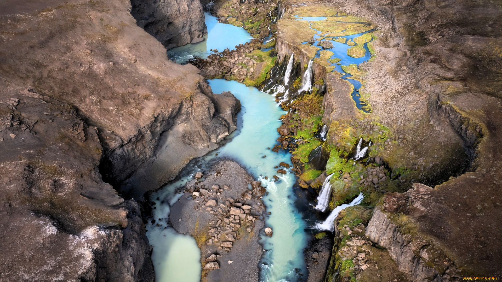природа, водопады, скалы, река, камни, берега, плато