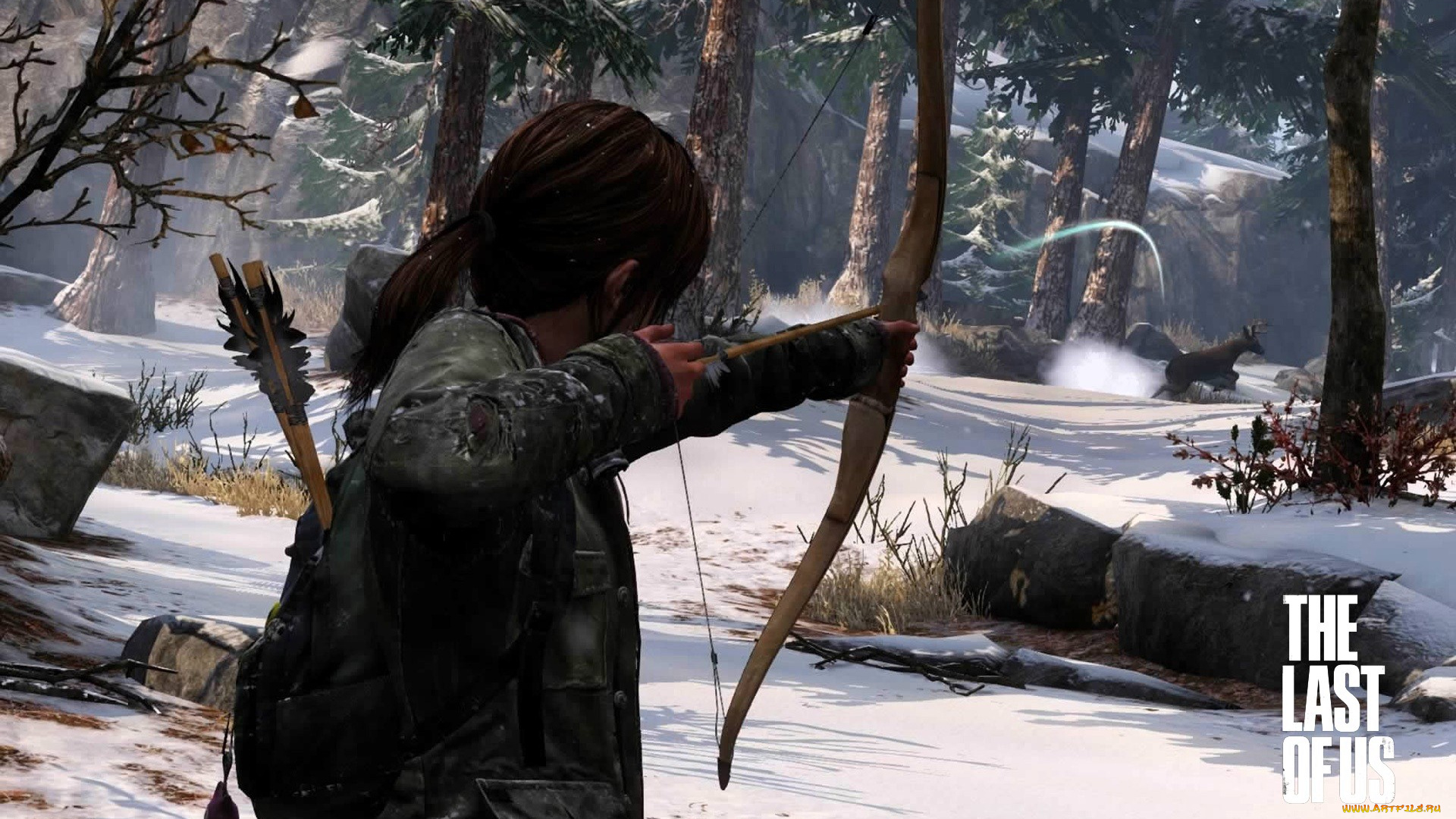 видео, игры, the, last, of, us, девушка, рюкзак, куртка, лук, стрелы, охота, олень, лес, зима, снег