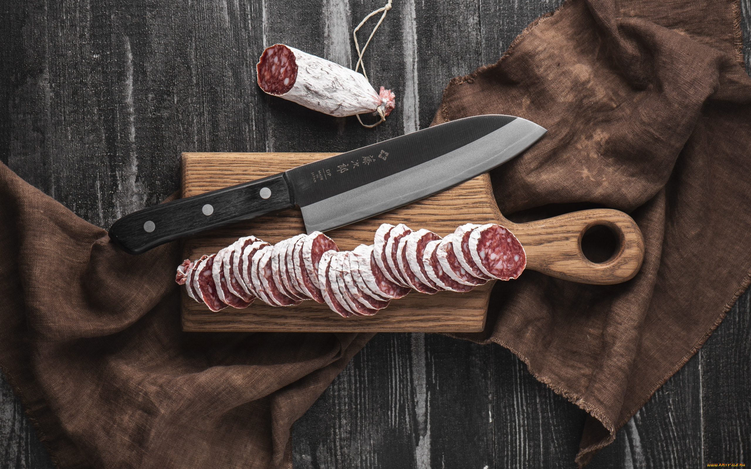 еда, колбасные, изделия, нож, колбаса, копченая, нарезка