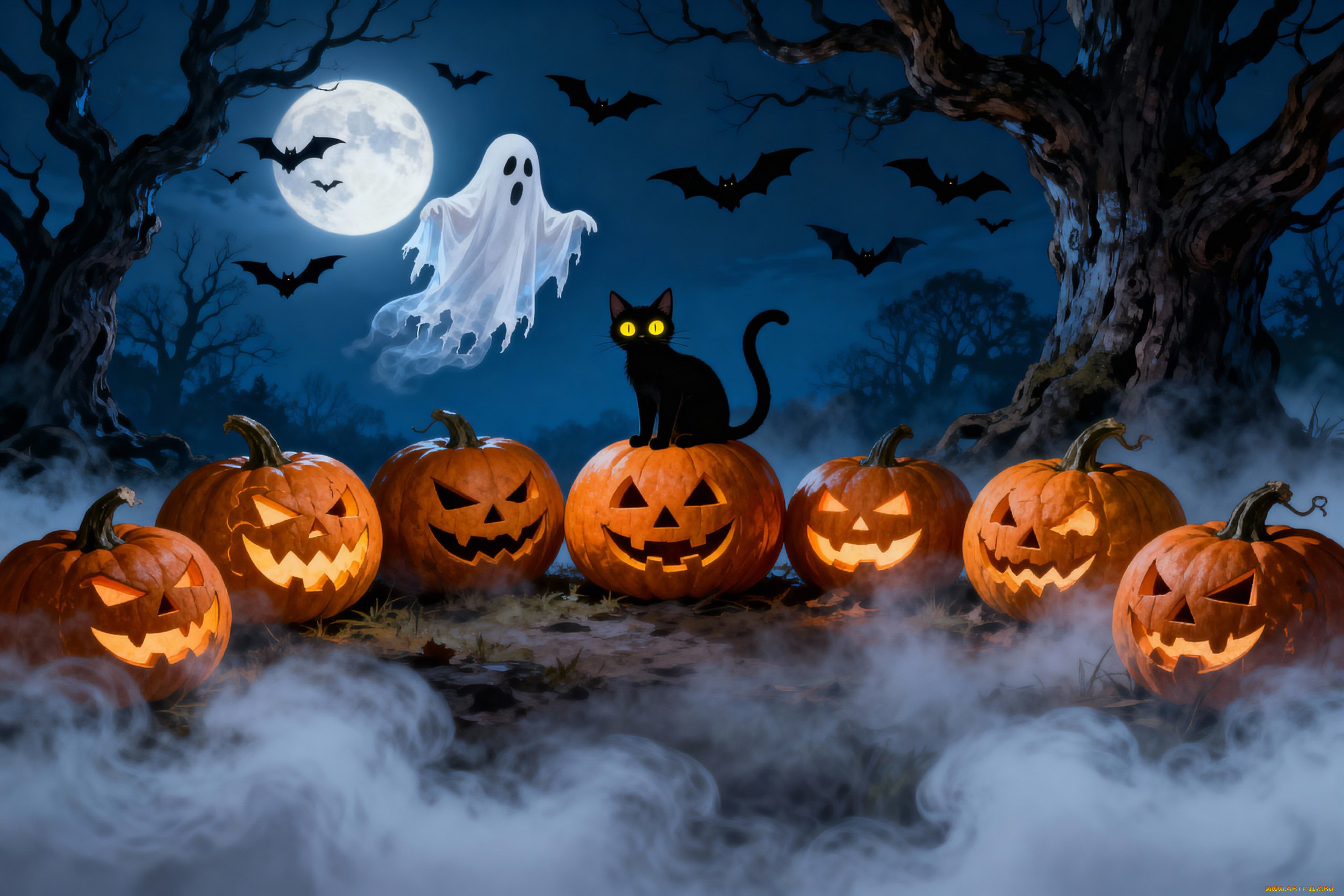 праздничные, хэллоуин, призрак, кот