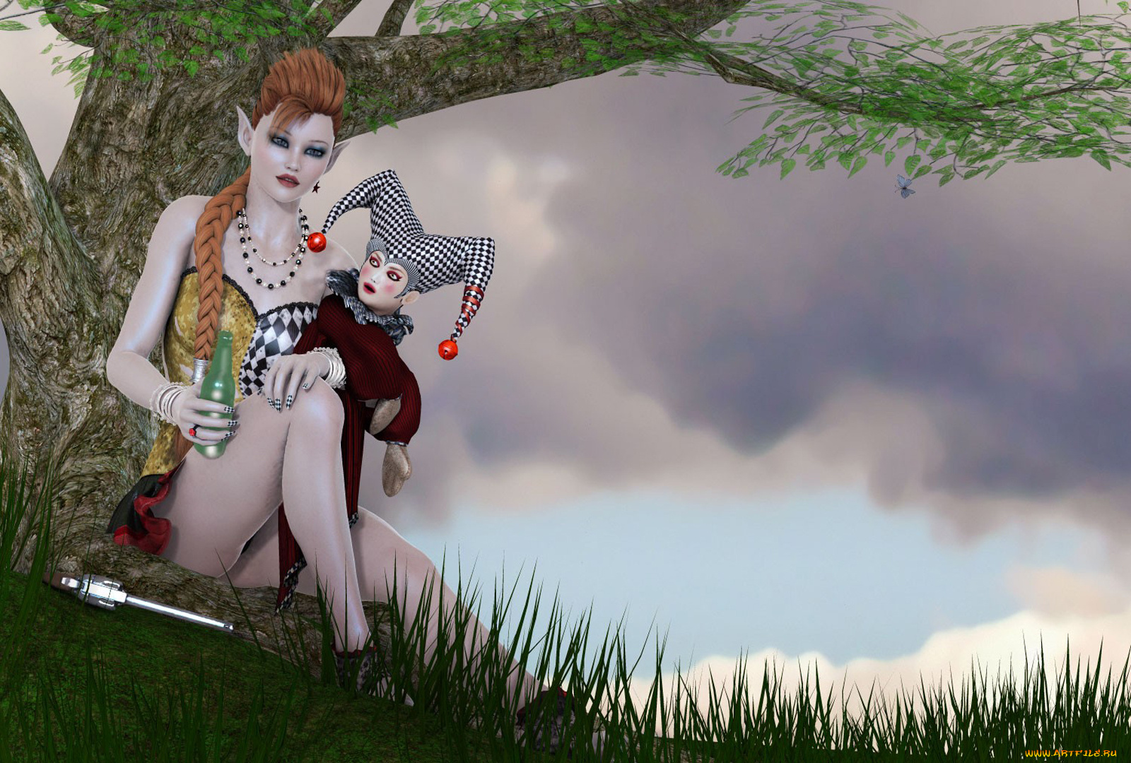 3д, графика, elves, эльфы, девушка, коса, дерево