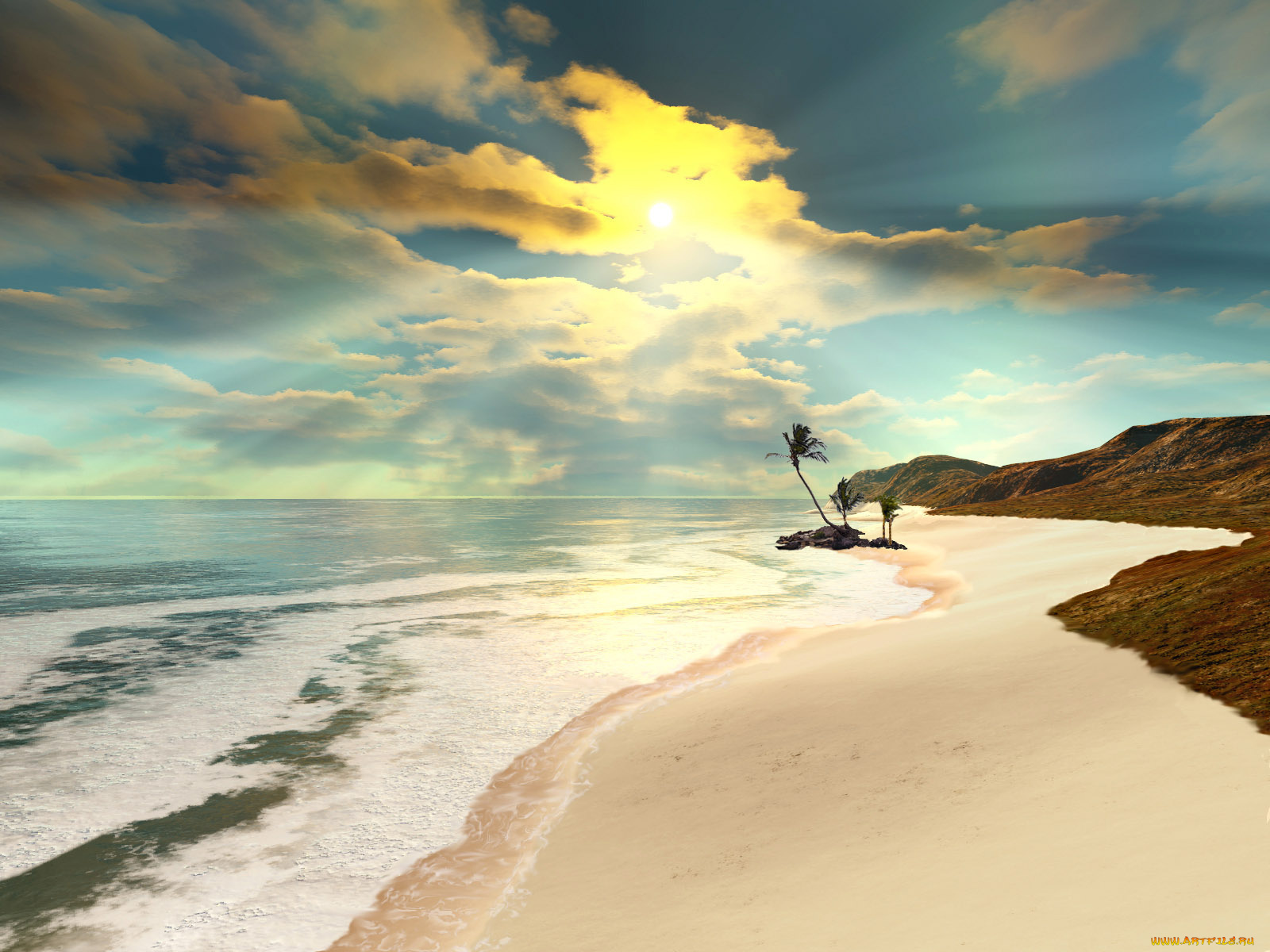 3д, графика, sea, undersea, море, пальма, берег