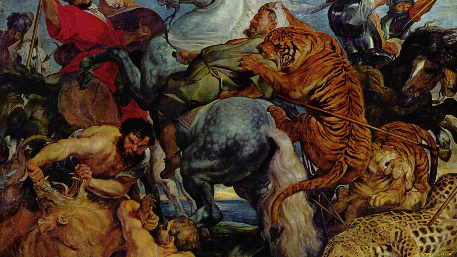 охота, на, тигров, львов, рисованные, pieter, paul, rubens, лев, тигр