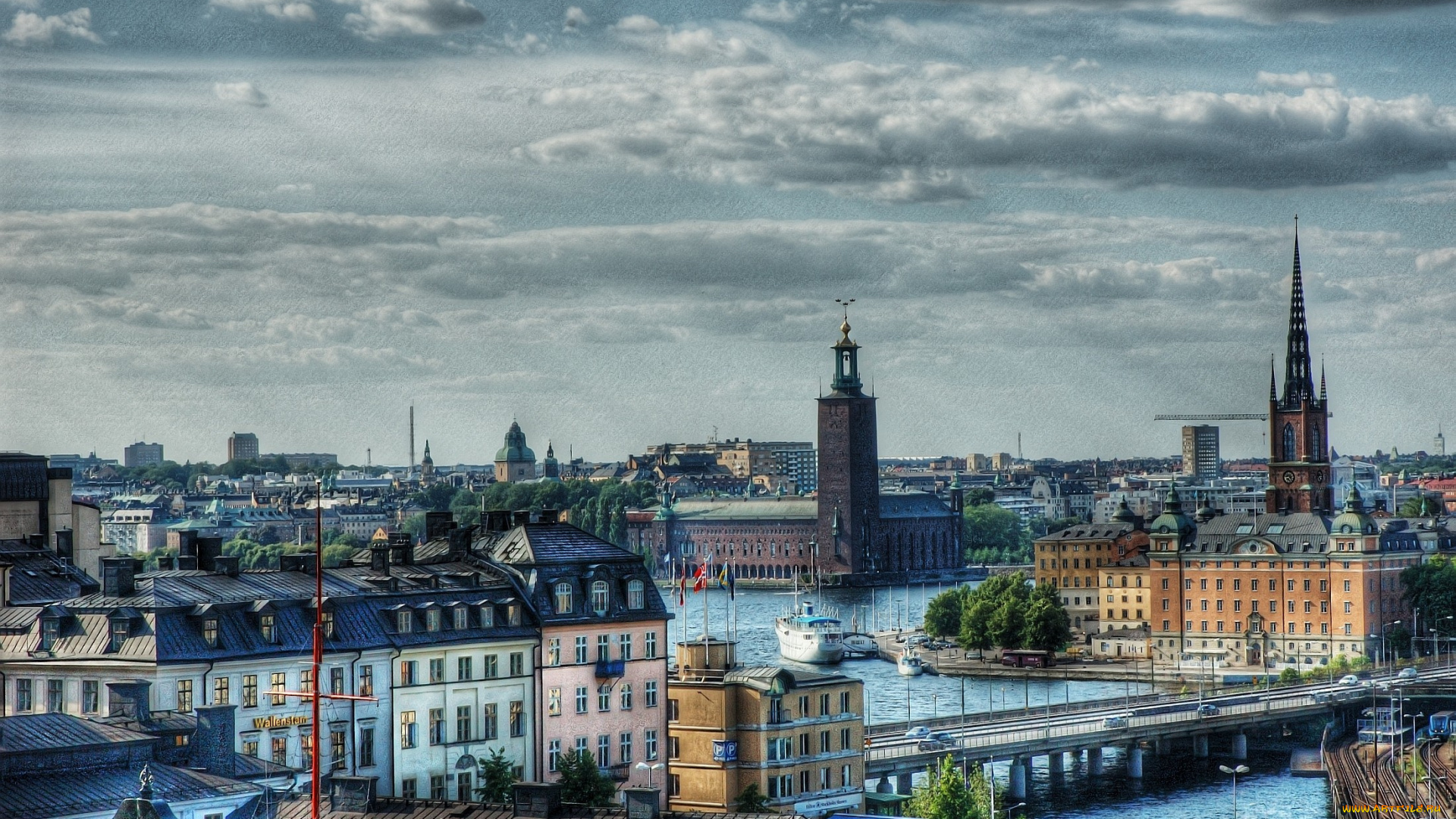 стокгольм, швеция, города, река, мост, мэрия, дома