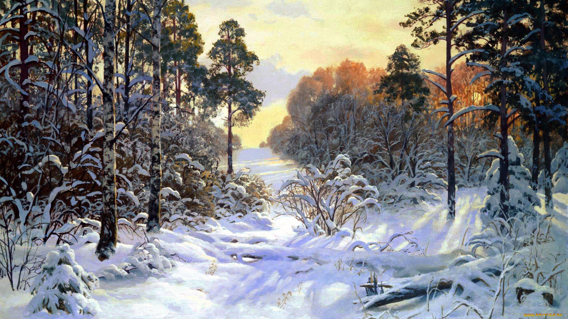 рисованные, андрей, герасимов, а, , лес, зима, снег, сугробы, просека, деревья, сосны, свет