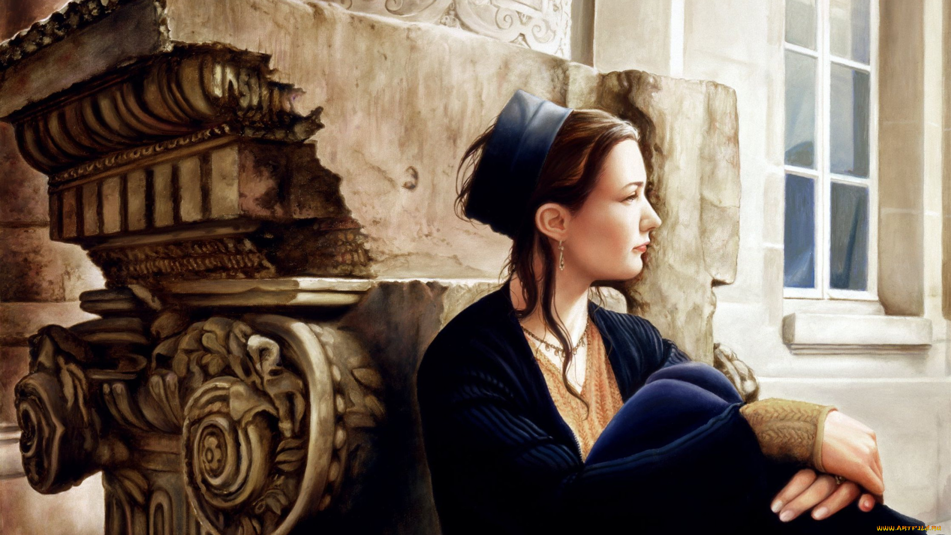 рисованные, edson, campos, окно, девушка, сидит, задумчивость, шатенка, колонна, камни, океан, штиль, водная, гладь, закат