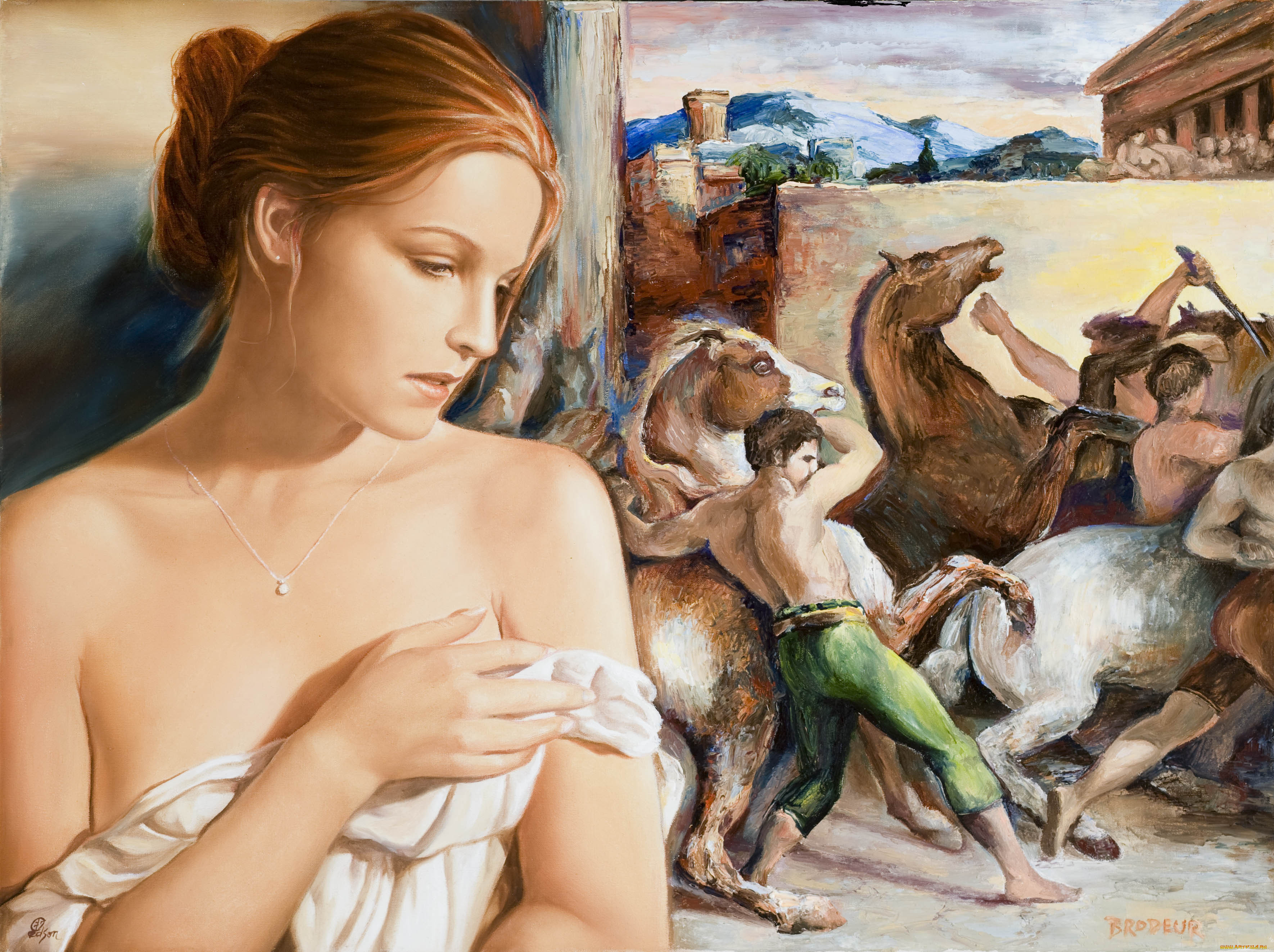 рисованные, edson, campos, холсты, девушка, задумчивось, кулон