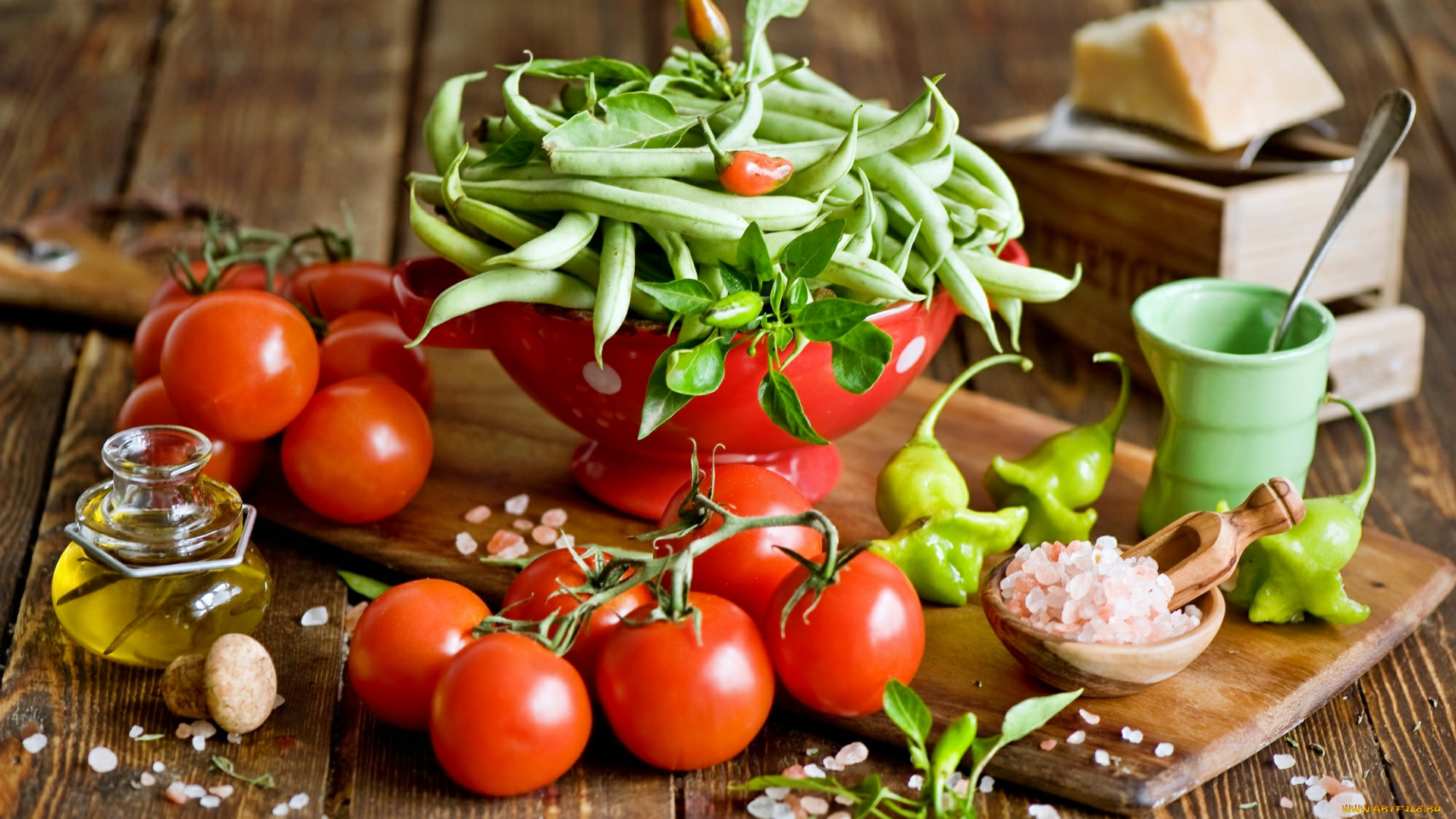 еда, натюрморт, фасоль, помидоры, перец, масло, специи