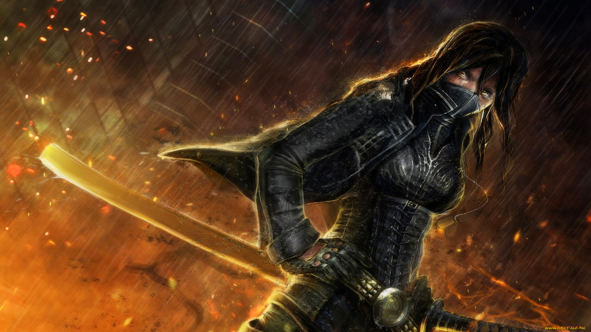 фэнтези, девушки, пламя, дождь, меч, девушка, воин