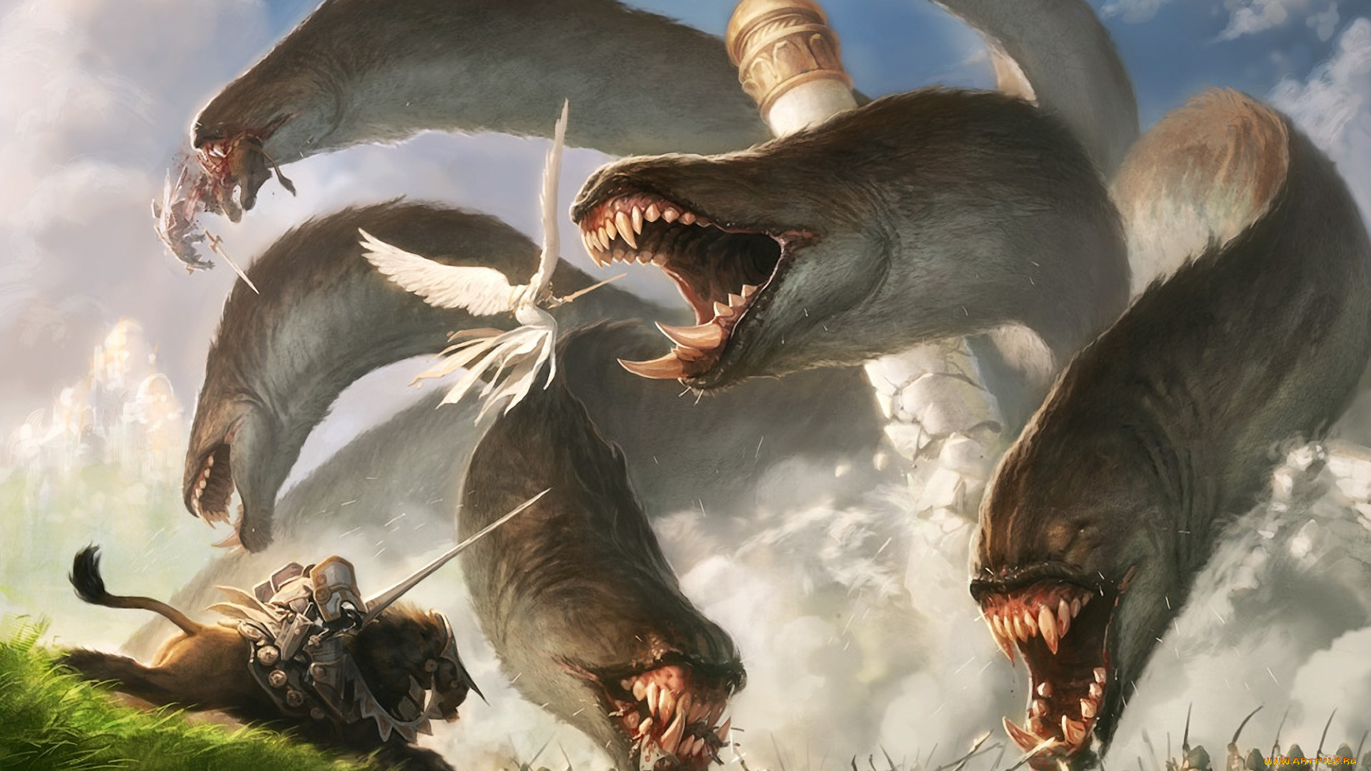 фэнтези, существа, ангел, рыцари, битва, монстр, чудовище