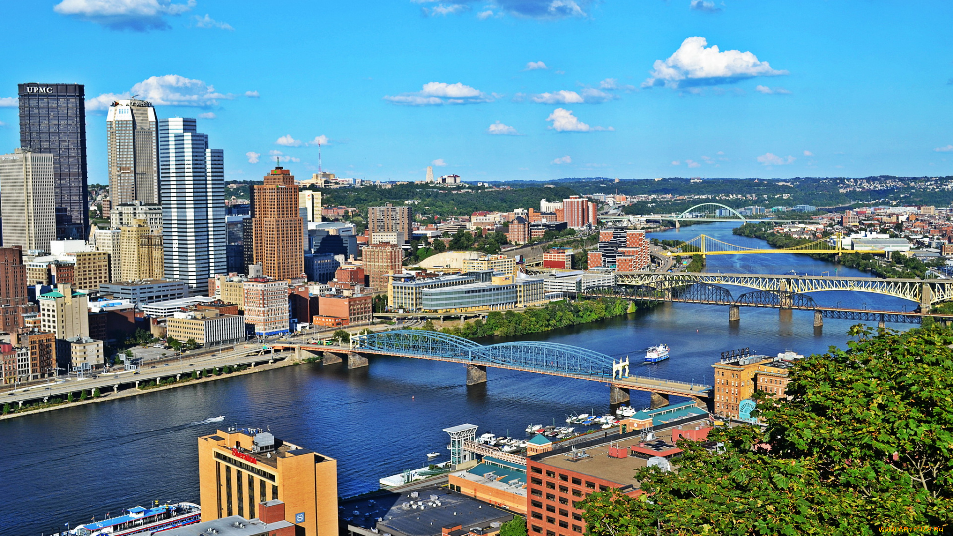 pittsburgh, usа, города, -, панорамы, панорама, мост, река, дома