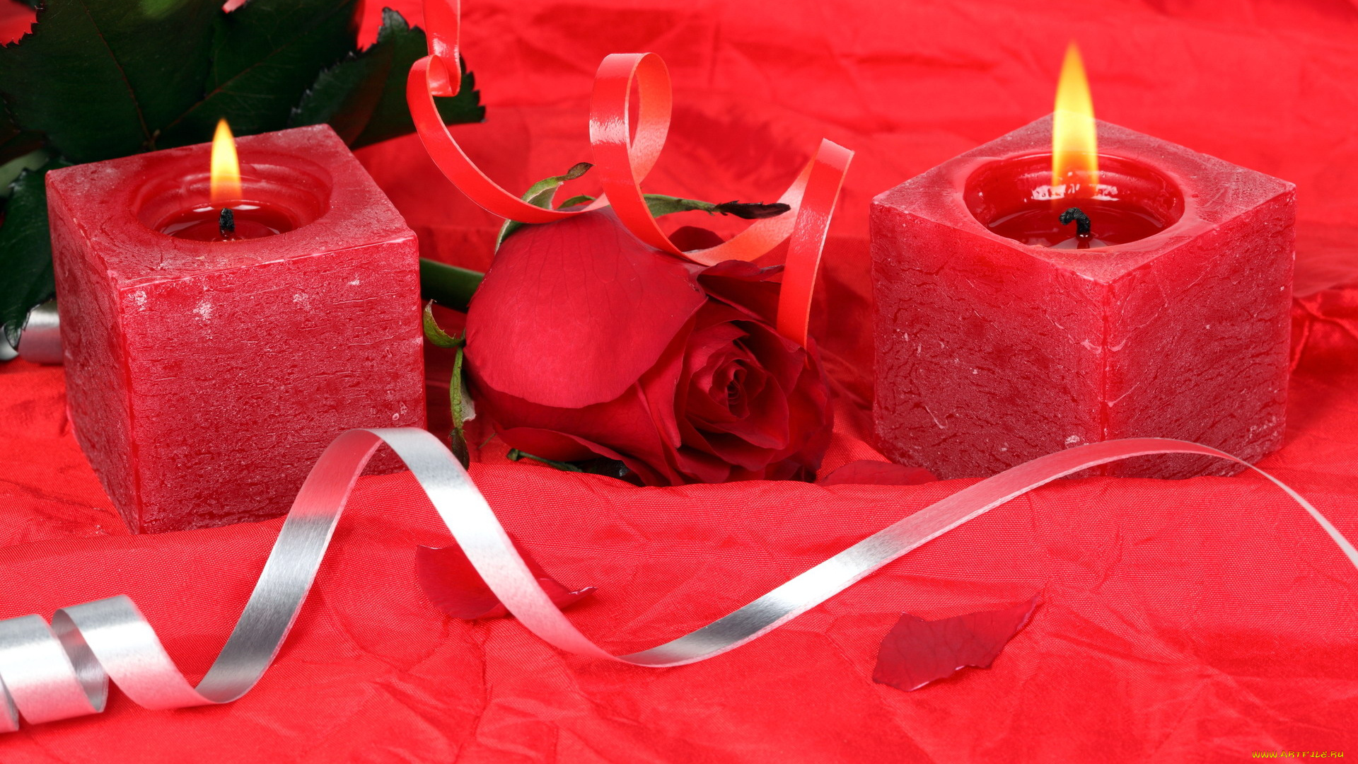 разное, свечи, роза, красный, ленты