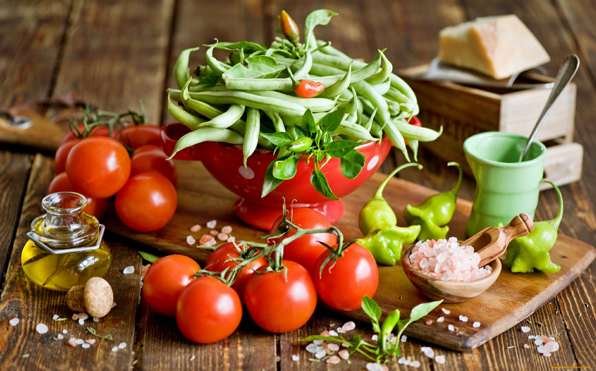 еда, натюрморт, фасоль, помидоры, перец, масло, специи