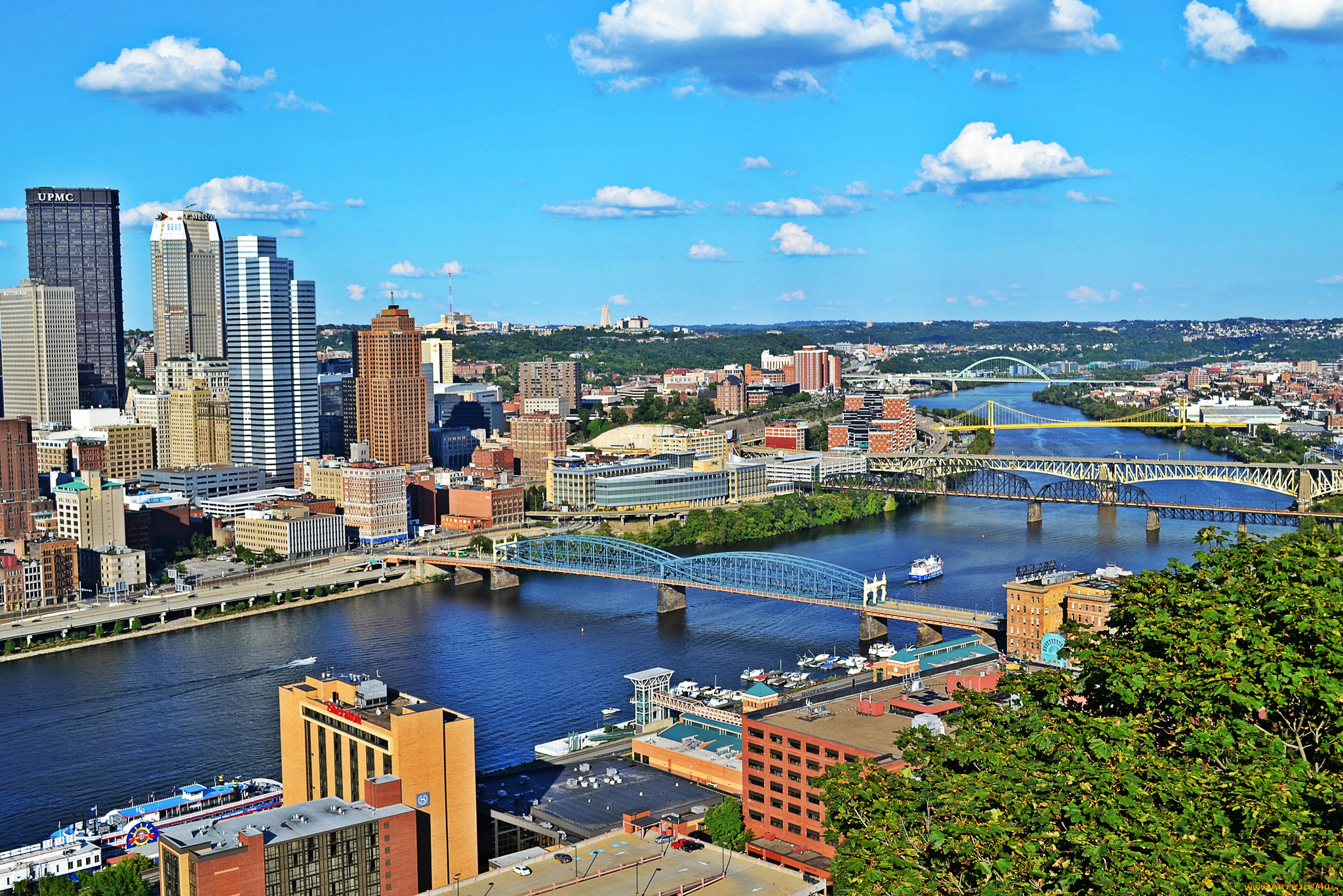 pittsburgh, usа, города, -, панорамы, панорама, мост, река, дома