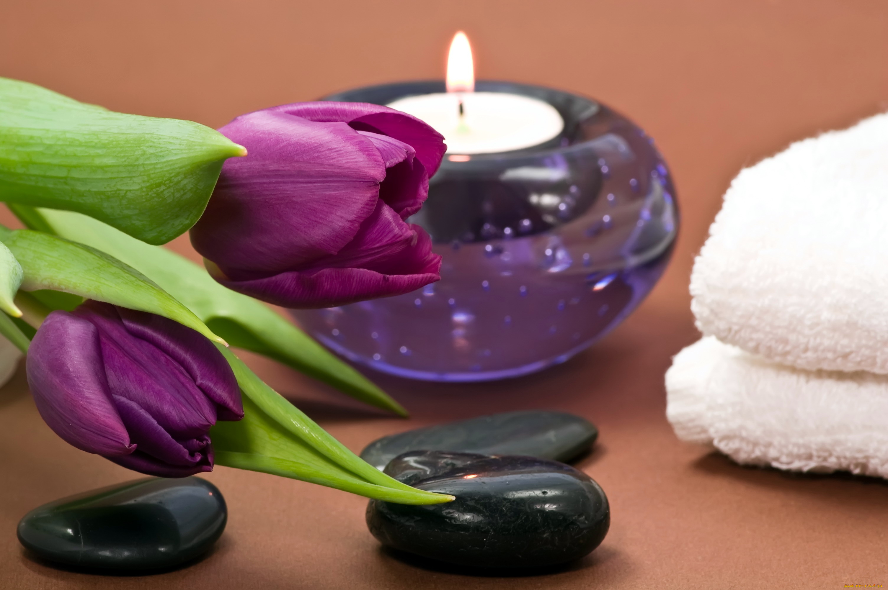 разное, свечи, тюльпаны, свеча, камни, полотенце