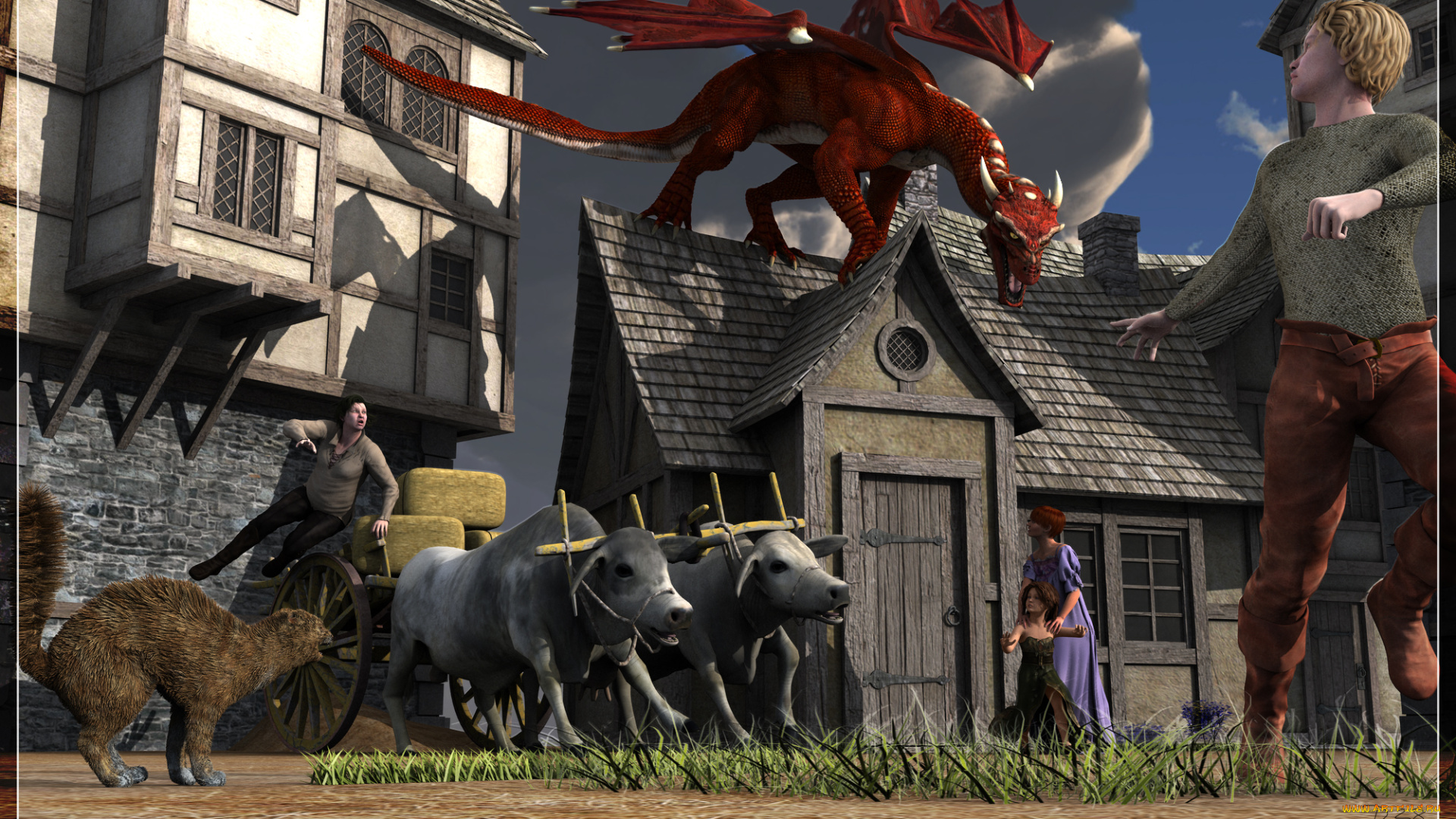 3д, графика, фантазия, , fantasy, дома, дракон, люди, животные