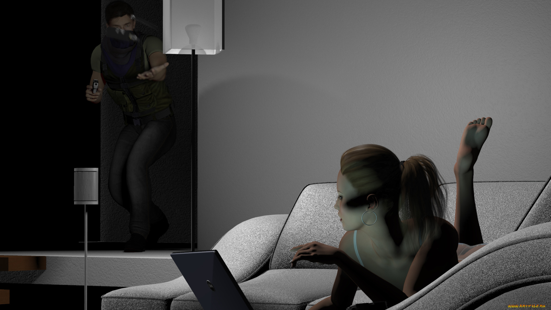 3д, графика, люди, , people, девушка, взгляд, фон, диван, ноутбук