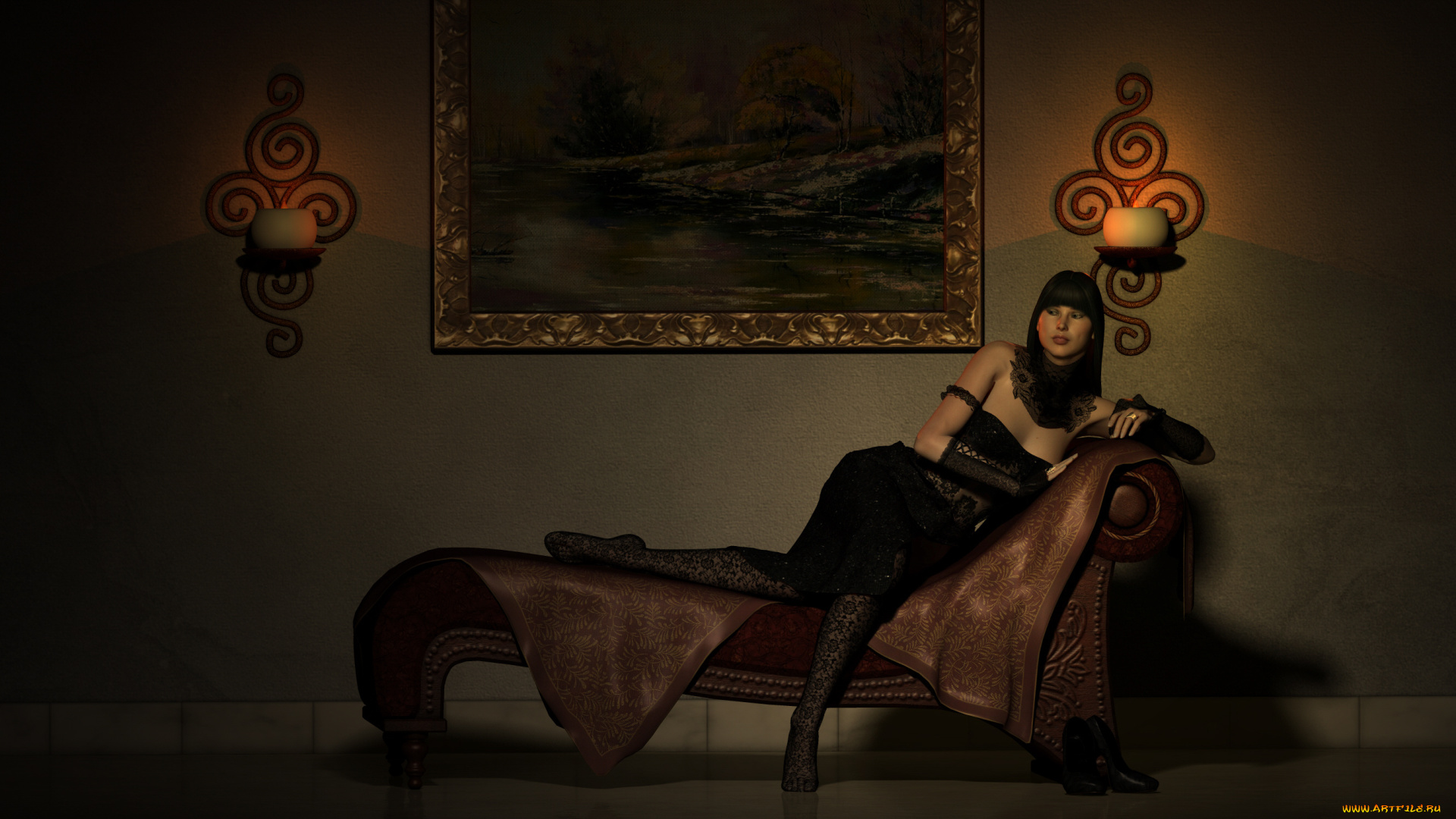 3д, графика, люди, , people, картина, светильники, кровать, взгляд, девушка, фон