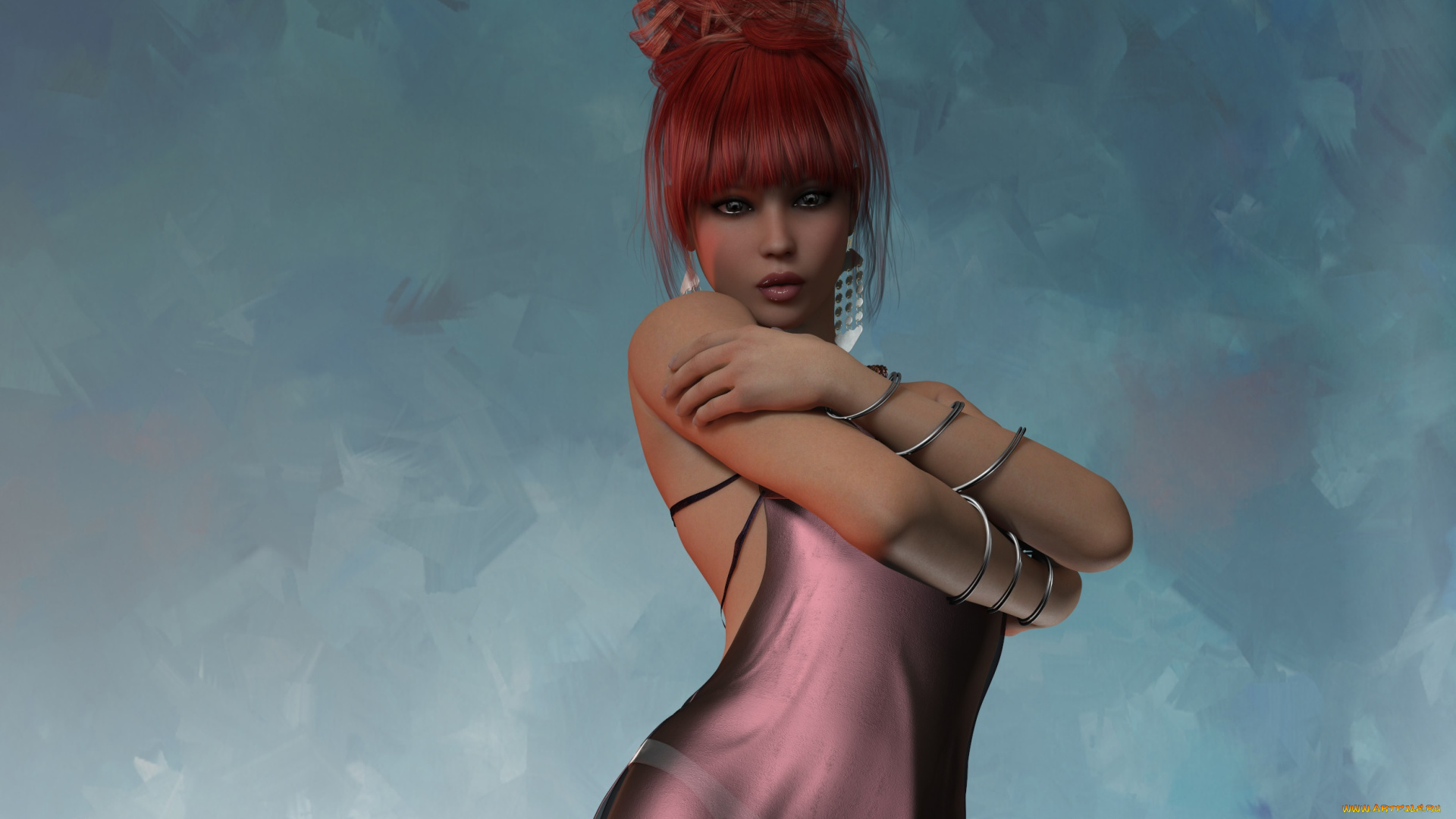 3д, графика, люди, , people, рыжая, фон, взгляд, девушка