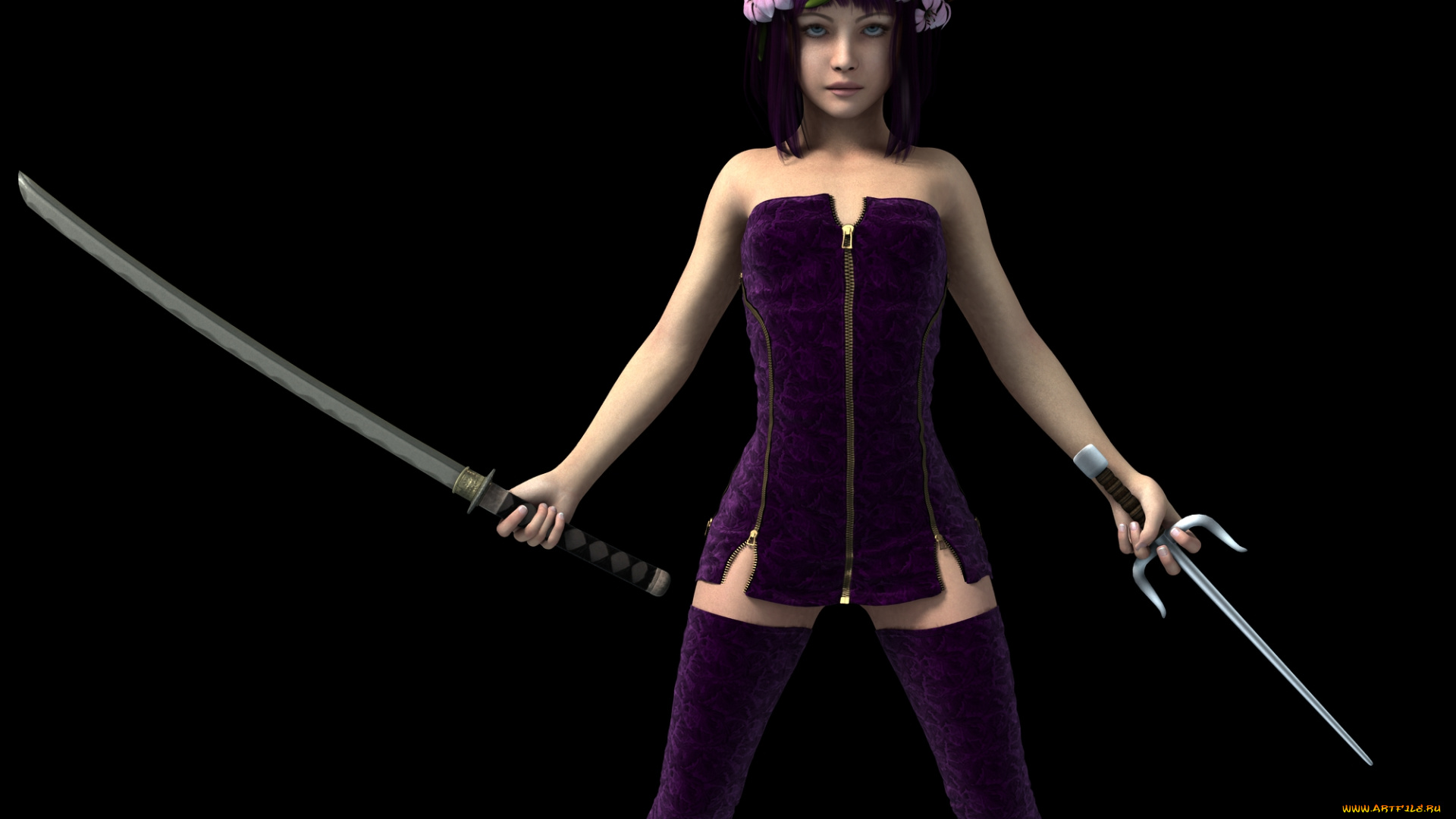 3д, графика, люди, , people, венок, оружие, фон, взгляд, девушка, чулки