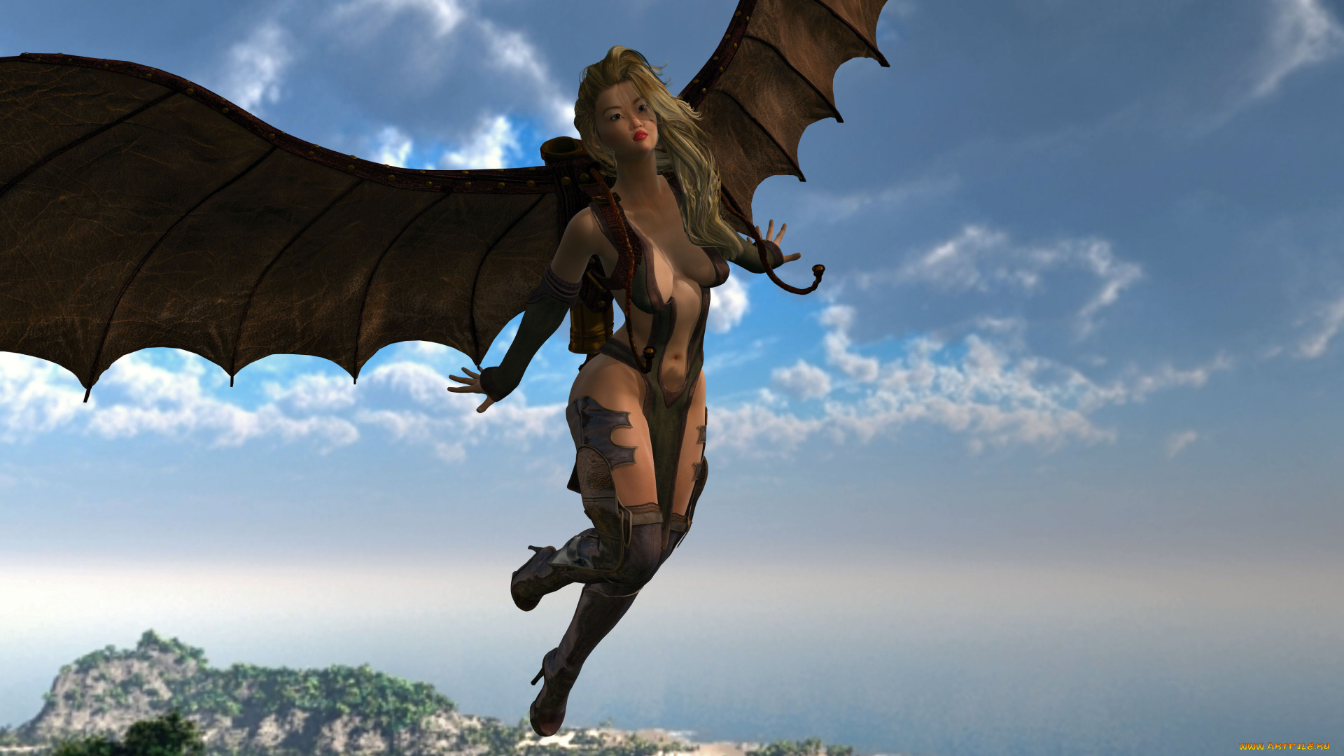 3д, графика, существа, , creatures, фон, крылья, демон, взгляд, девушка