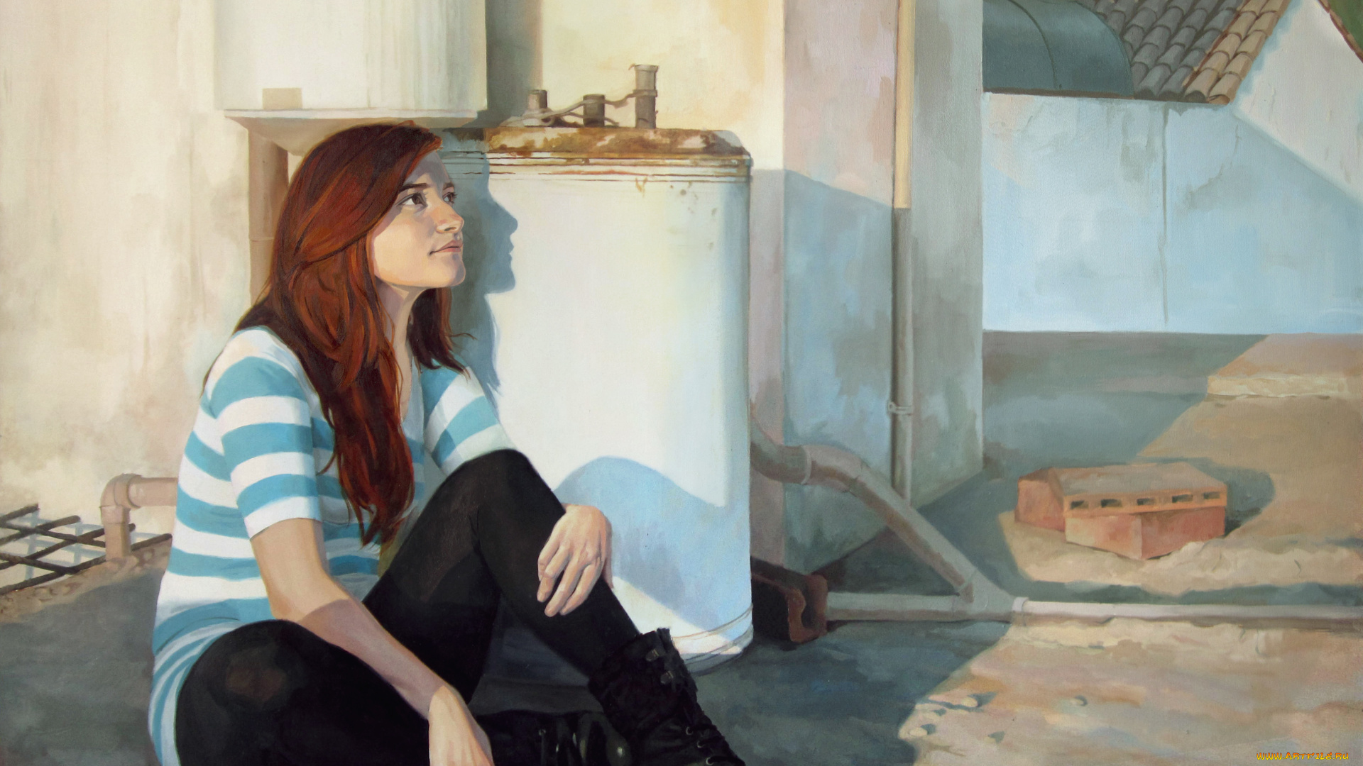 рисованное, люди, живопись, сидит, кофта, девушка, взгляд