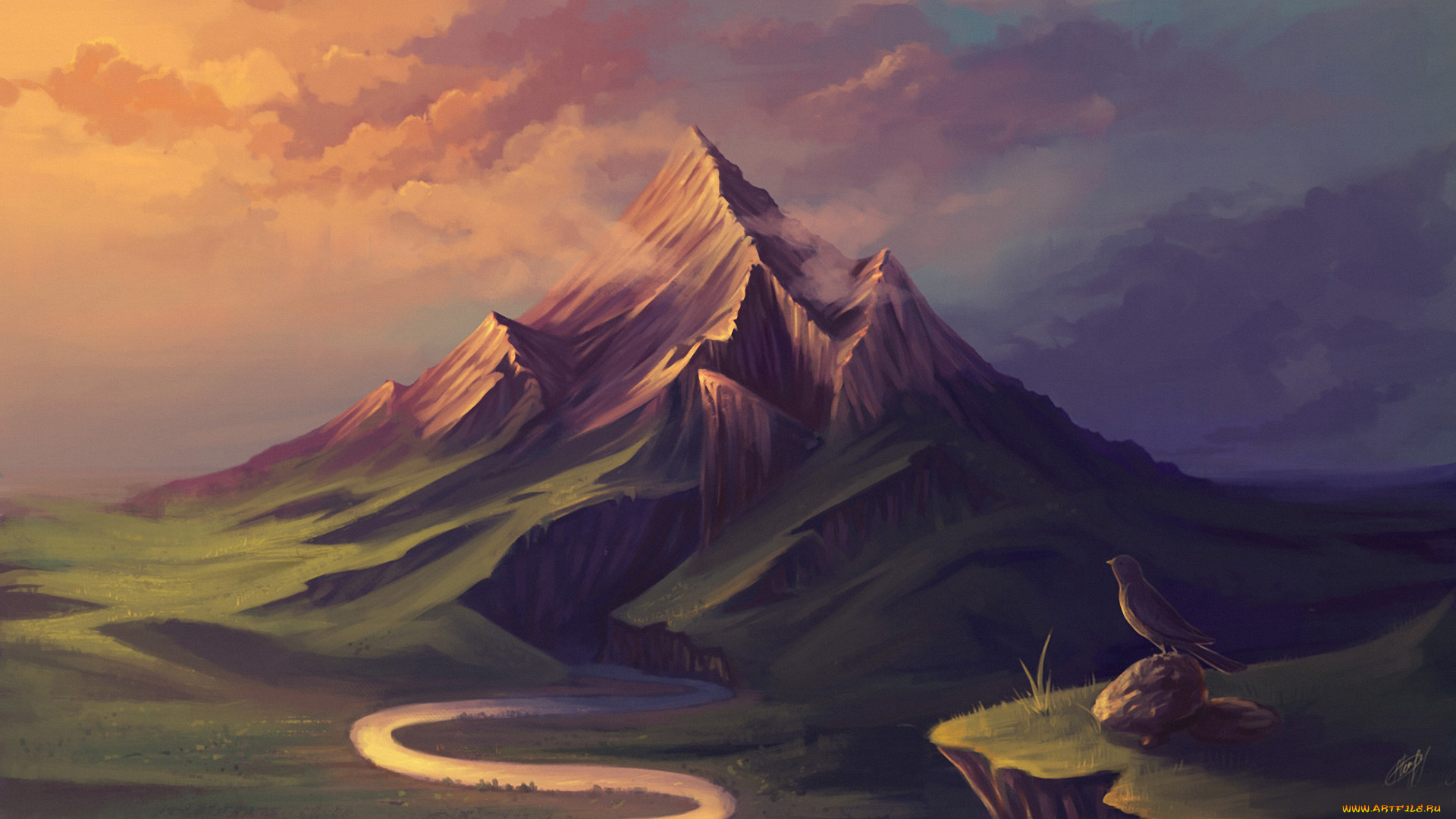 рисованное, природа, пейзаж, птичка, река, гора