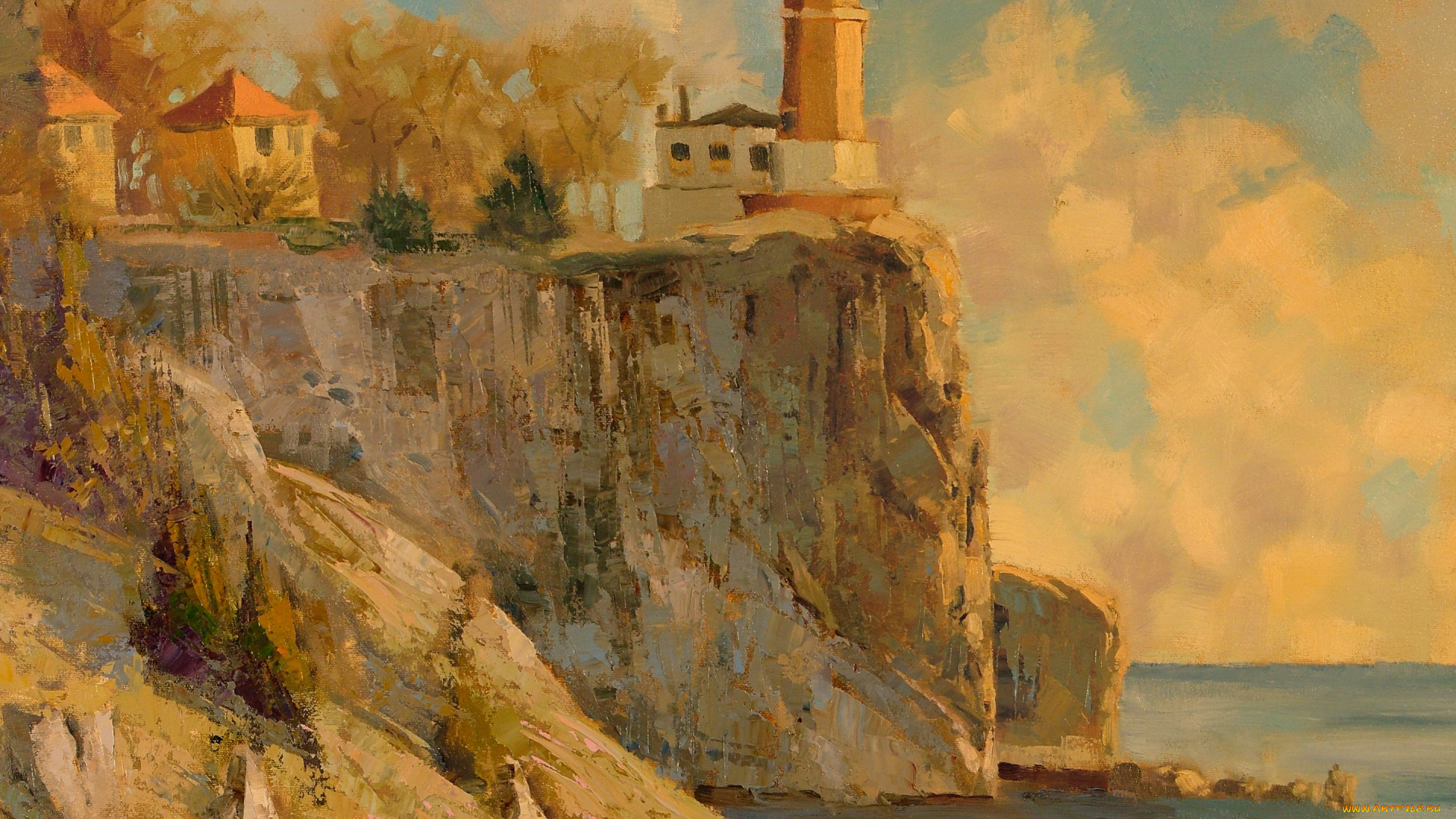 рисованное, живопись, море, маяк, картина, маслом