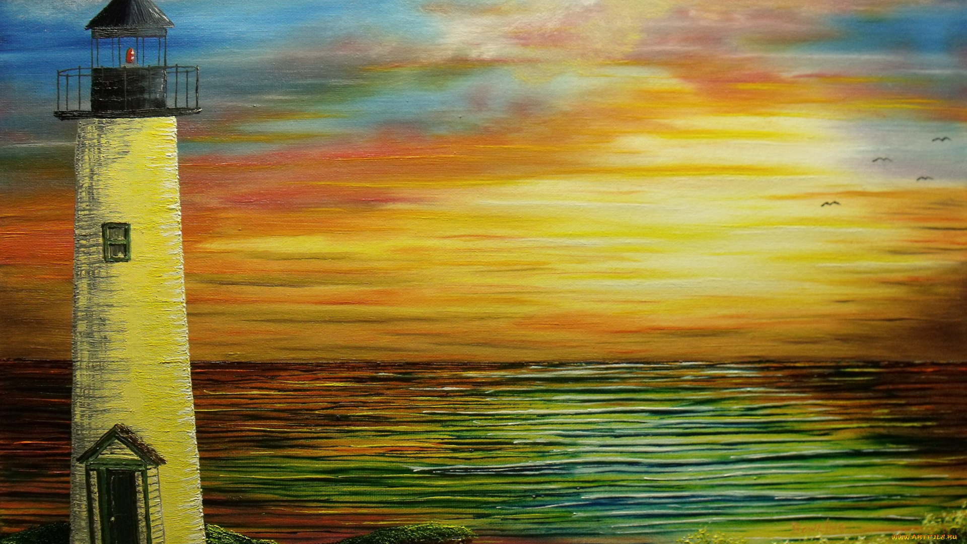 рисованное, живопись, закат, вода, чайки, море, маяк, холст