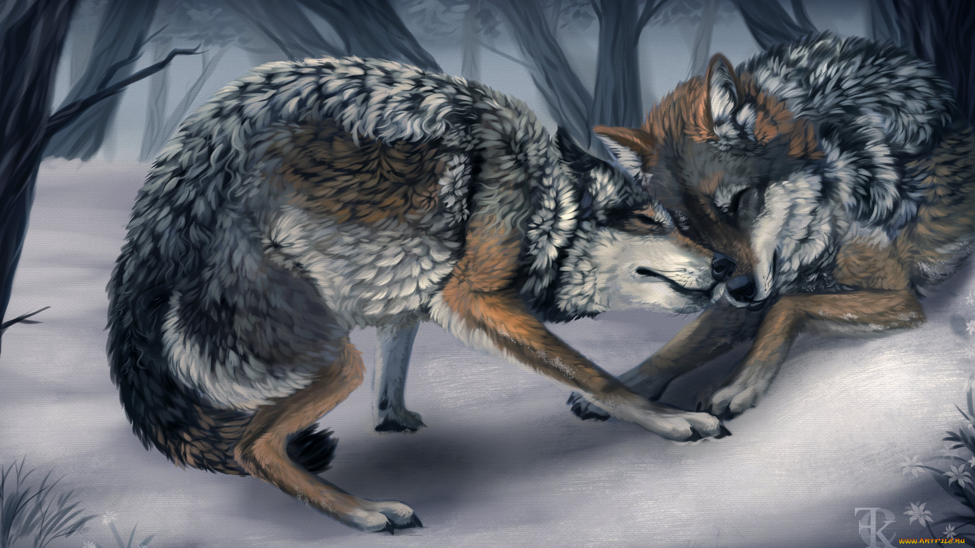 рисованное, животные, , волки, игры, зима, волки, дикие, деревья