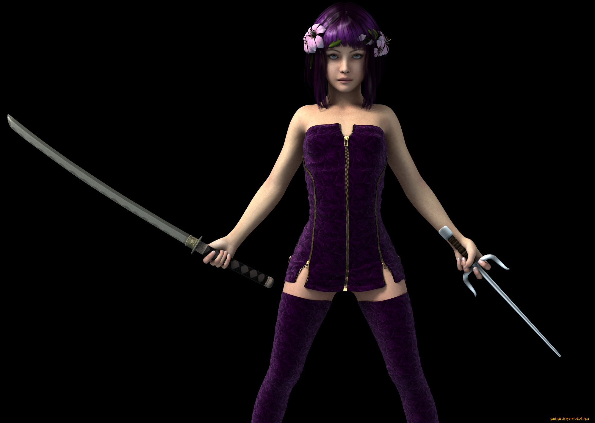 3д, графика, люди, , people, венок, оружие, фон, взгляд, девушка, чулки