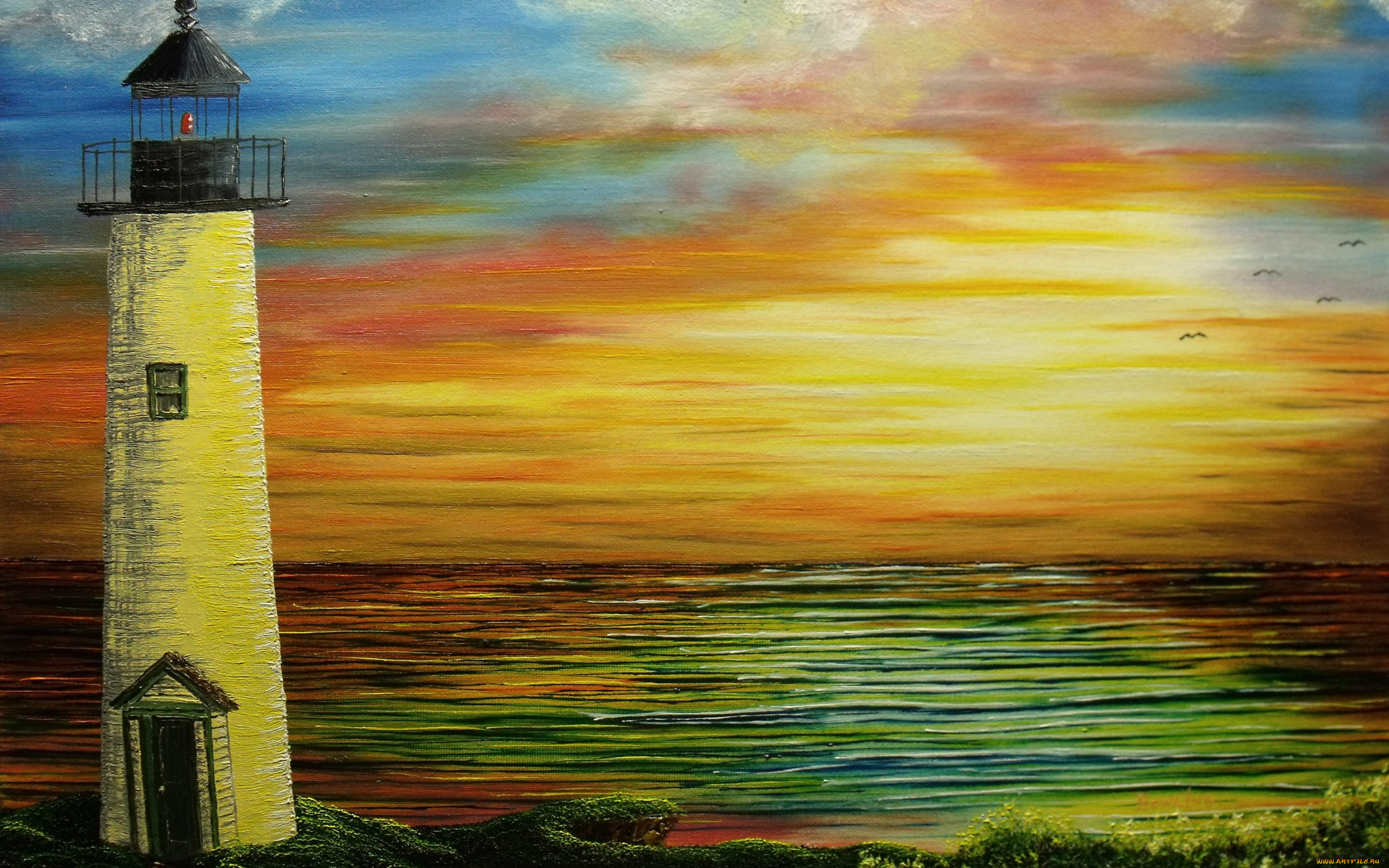 рисованное, живопись, закат, вода, чайки, море, маяк, холст