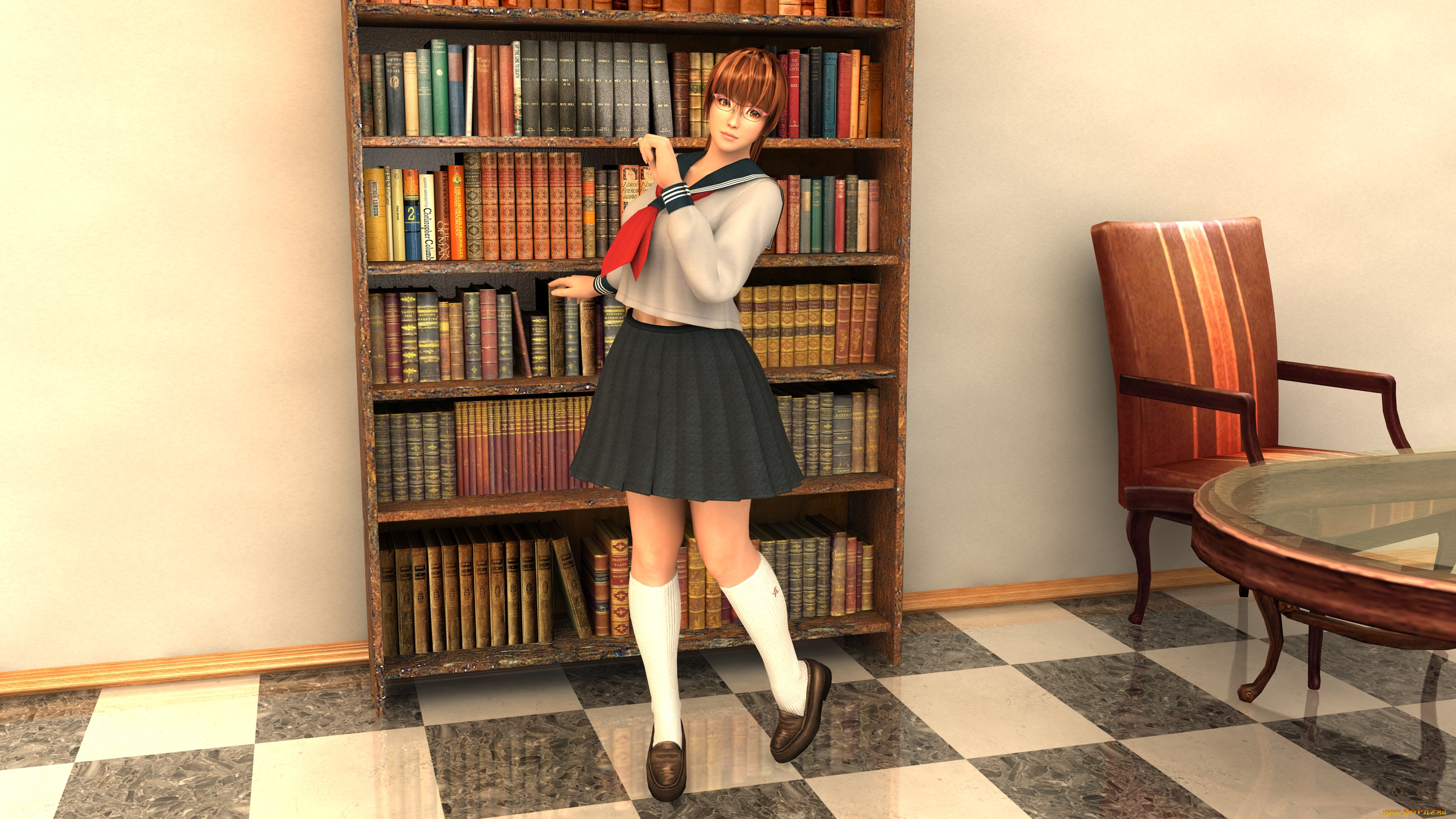 3д, графика, люди, , people, фон, взгляд, девушка, книги, стул, стол