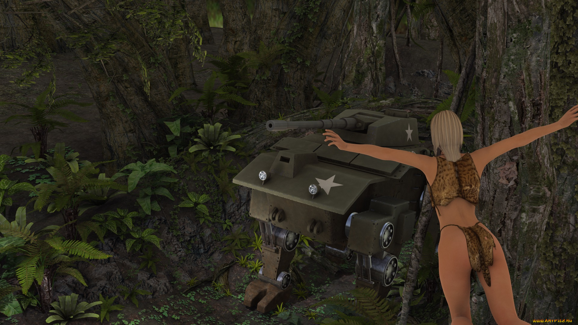 3д, графика, фантазия, , fantasy, фон, танк, лес, взгляд, девушка