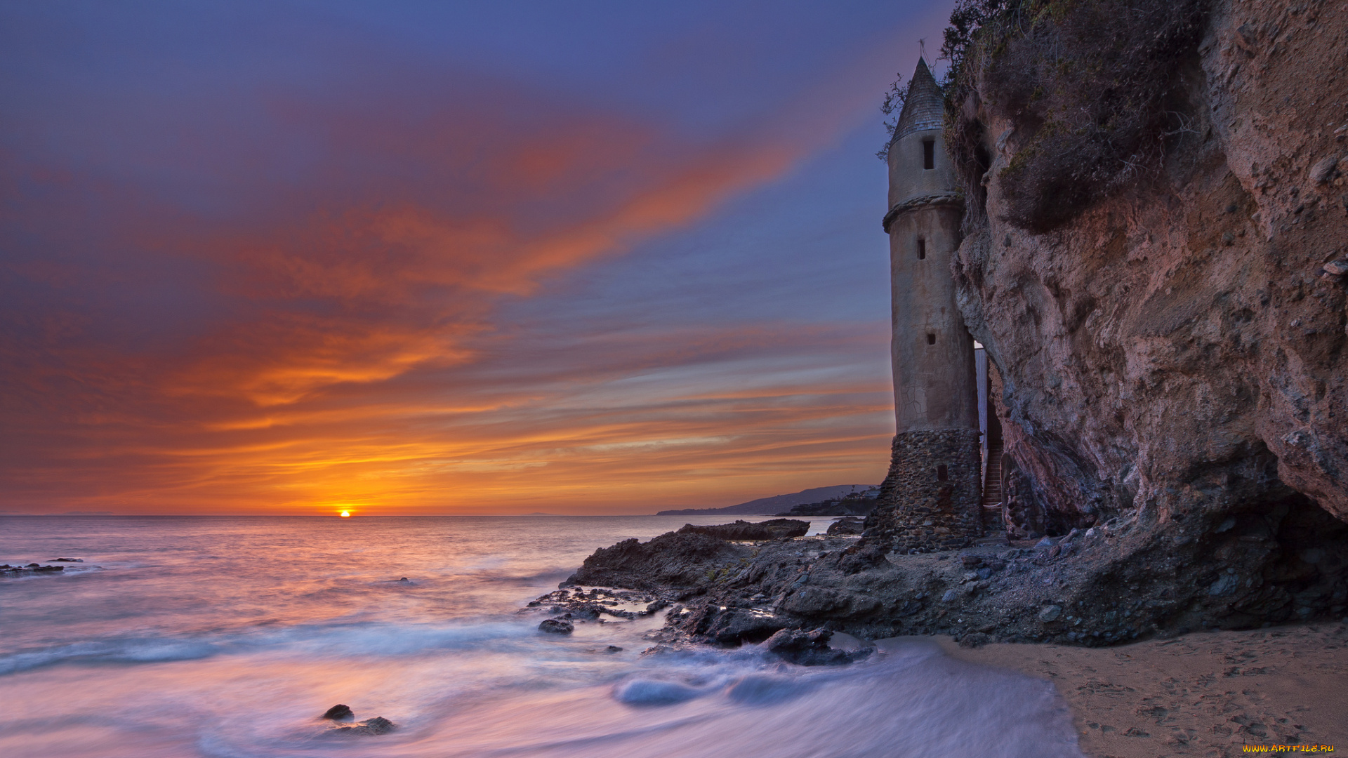 la, tour, , victoria, beach, , laguna, beach, , ca, города, -, пейзажи, башня, океан, закат, замок