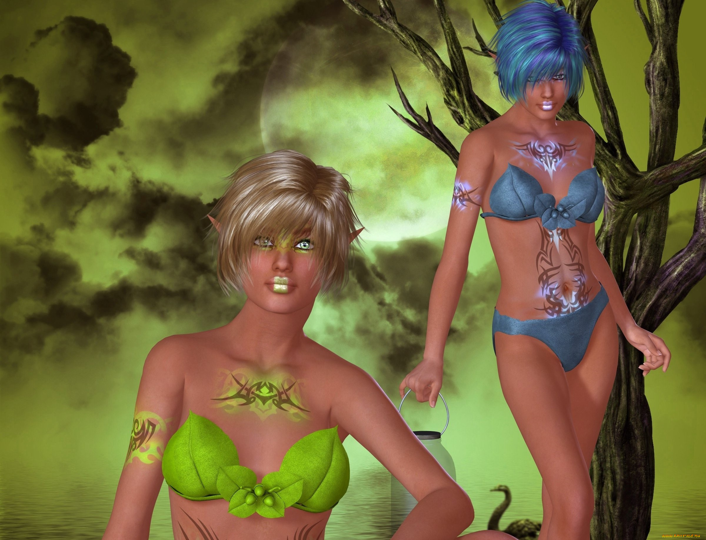 3д, графика, эльфы, , elves, взгляд, фон, эльфийки