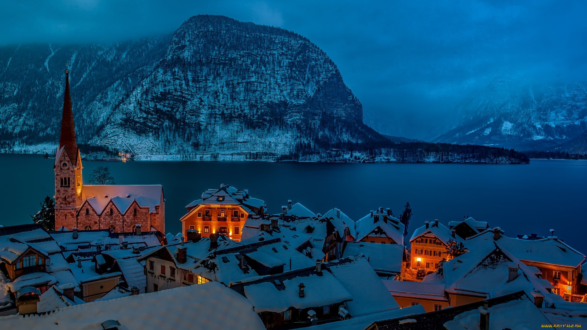 города, гальштат, , австрия, снег, крыши, зима