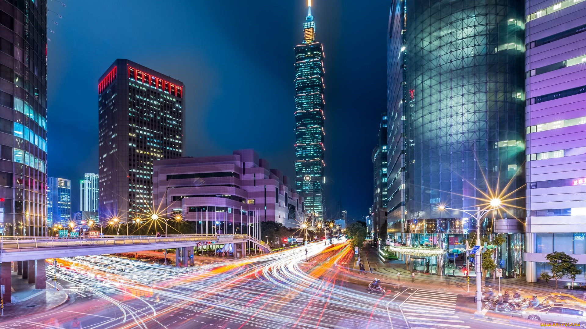 города, тайбэй, , тайвань, , китай, вечер, огни, дома, здания, дороги, транспорт, движение, перекресток