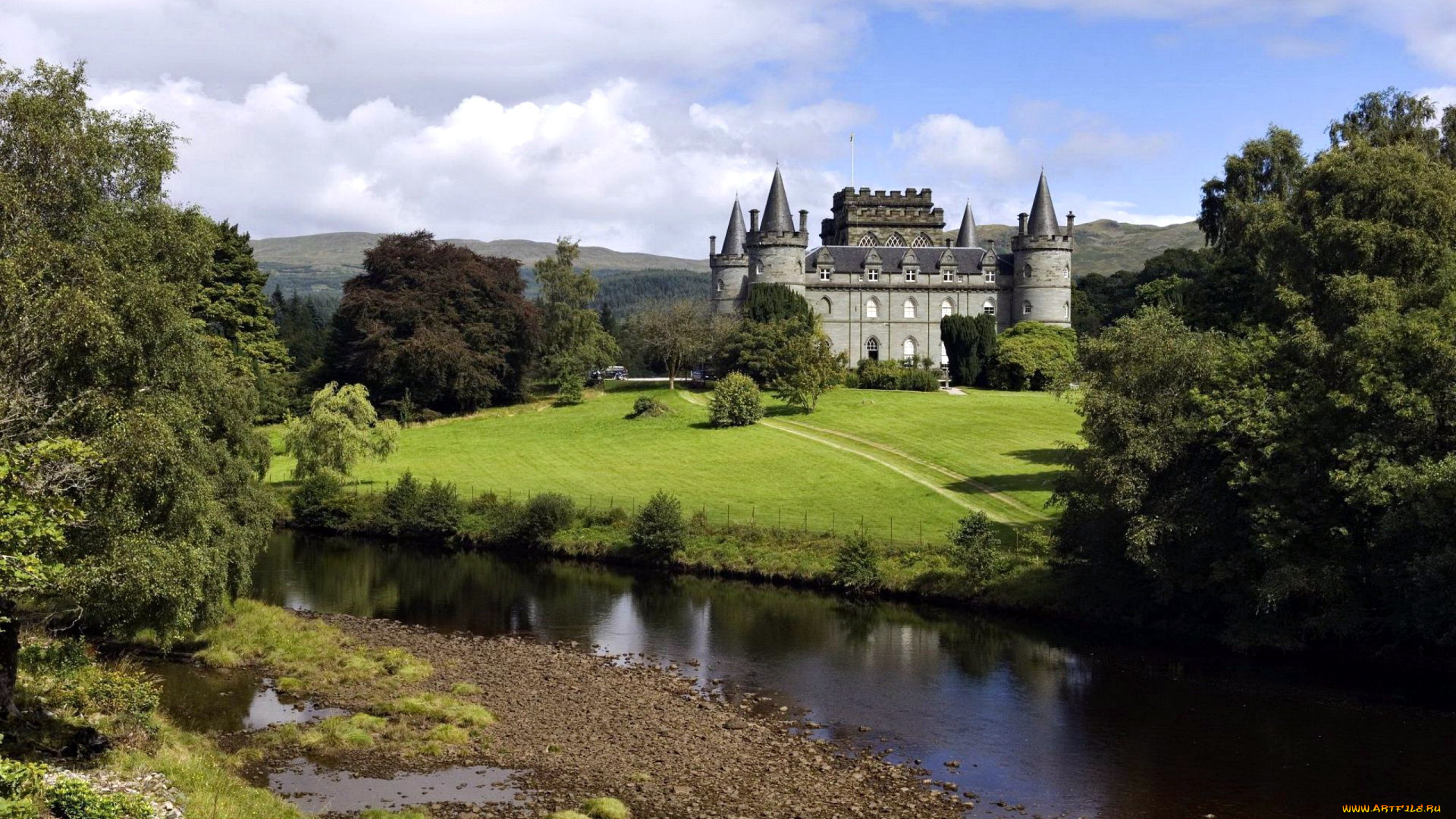 города, замок, инверари, , шотландия, , англия, река, деревья, замок, башни