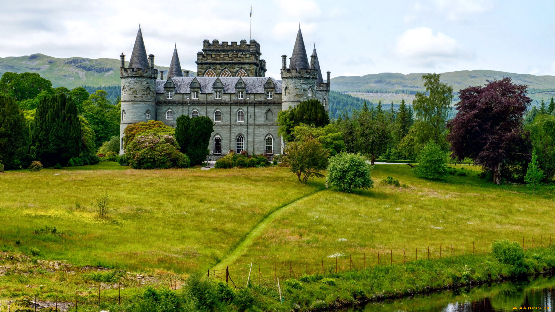 города, замок, инверари, , шотландия, , англия, горы, замок, лужайка