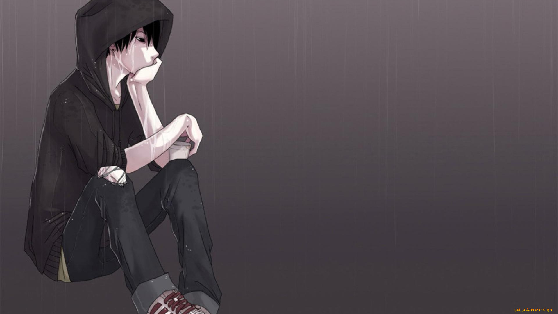 рисованное, люди, парень, капюшон, слезы, дождь