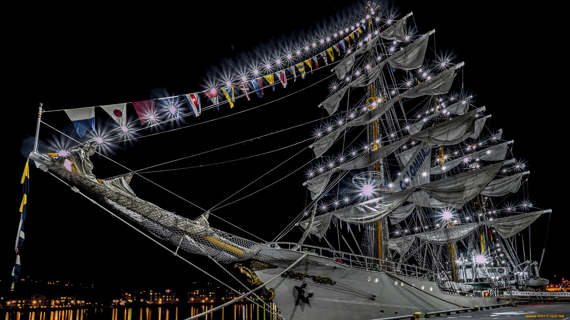 корабли, парусники, причал, ночь, мачты, паруса